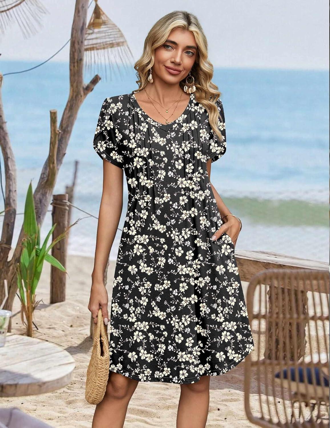 imageZeagoo Summer Dresses for Women Casual A Line Dress 2026 V Neck Short Dresses Floral Sundress Pleated Boho DressBlack Floral 03