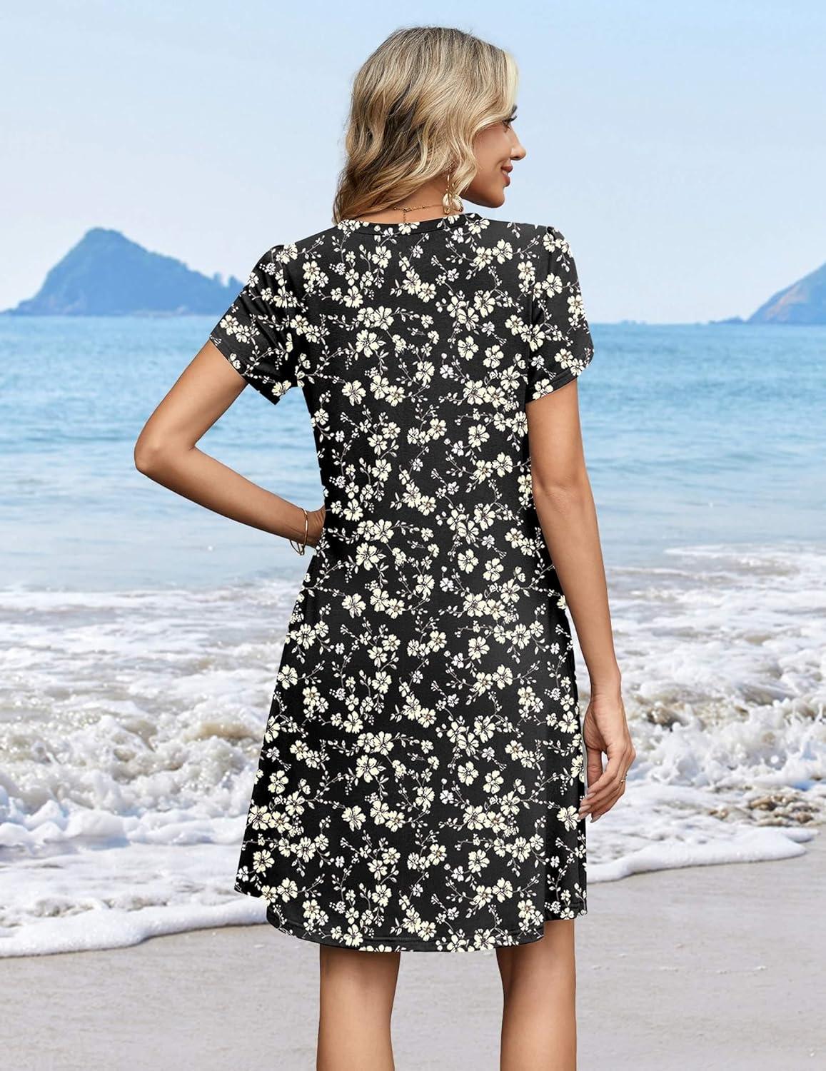 imageZeagoo Summer Dresses for Women Casual A Line Dress 2026 V Neck Short Dresses Floral Sundress Pleated Boho DressBlack Floral 03