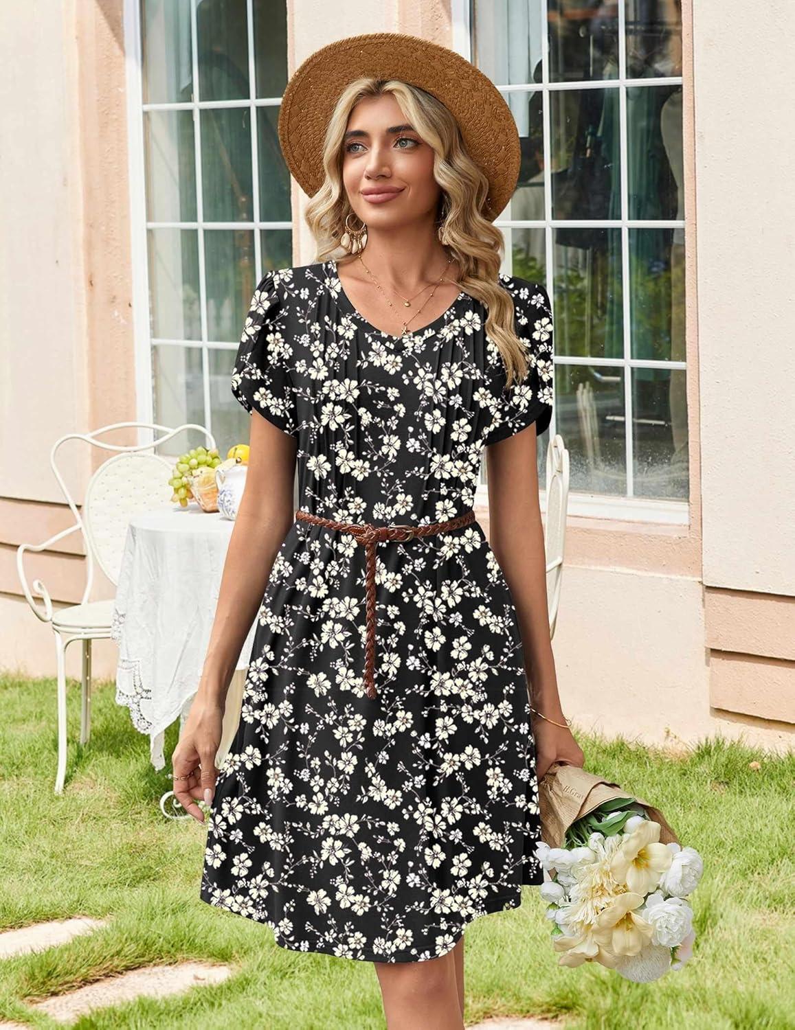 imageZeagoo Summer Dresses for Women Casual A Line Dress 2026 V Neck Short Dresses Floral Sundress Pleated Boho DressBlack Floral 03