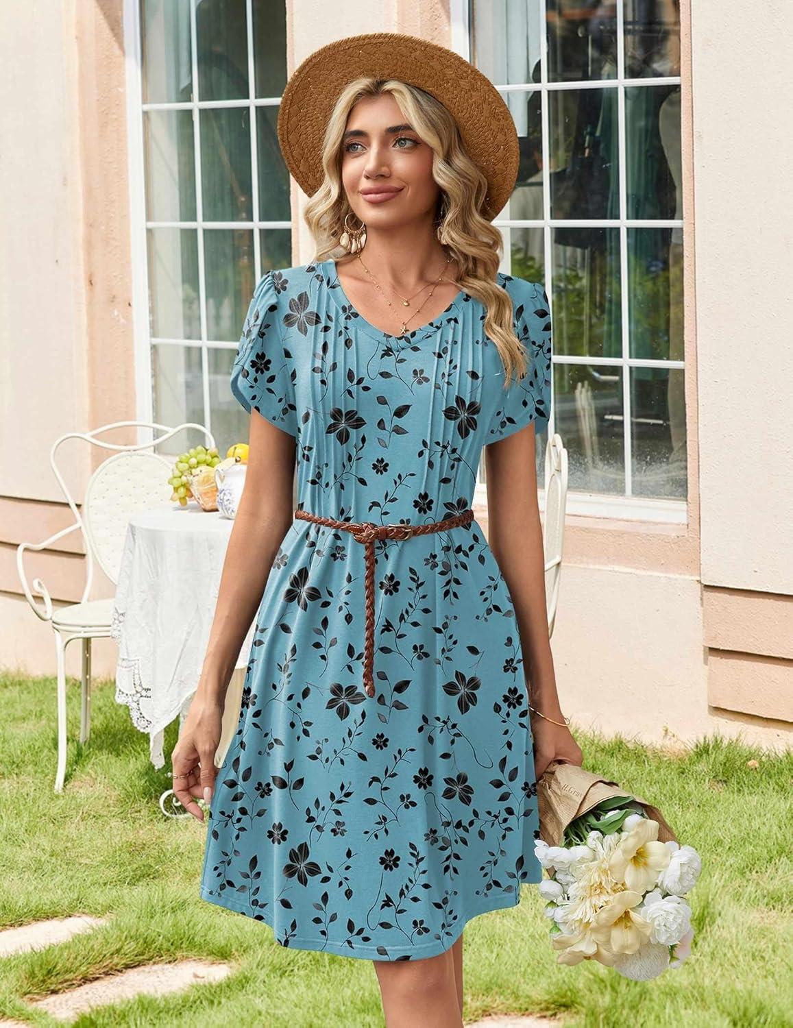imageZeagoo Summer Dresses for Women Casual A Line Dress 2026 V Neck Short Dresses Floral Sundress Pleated Boho DressBlue Green Floral