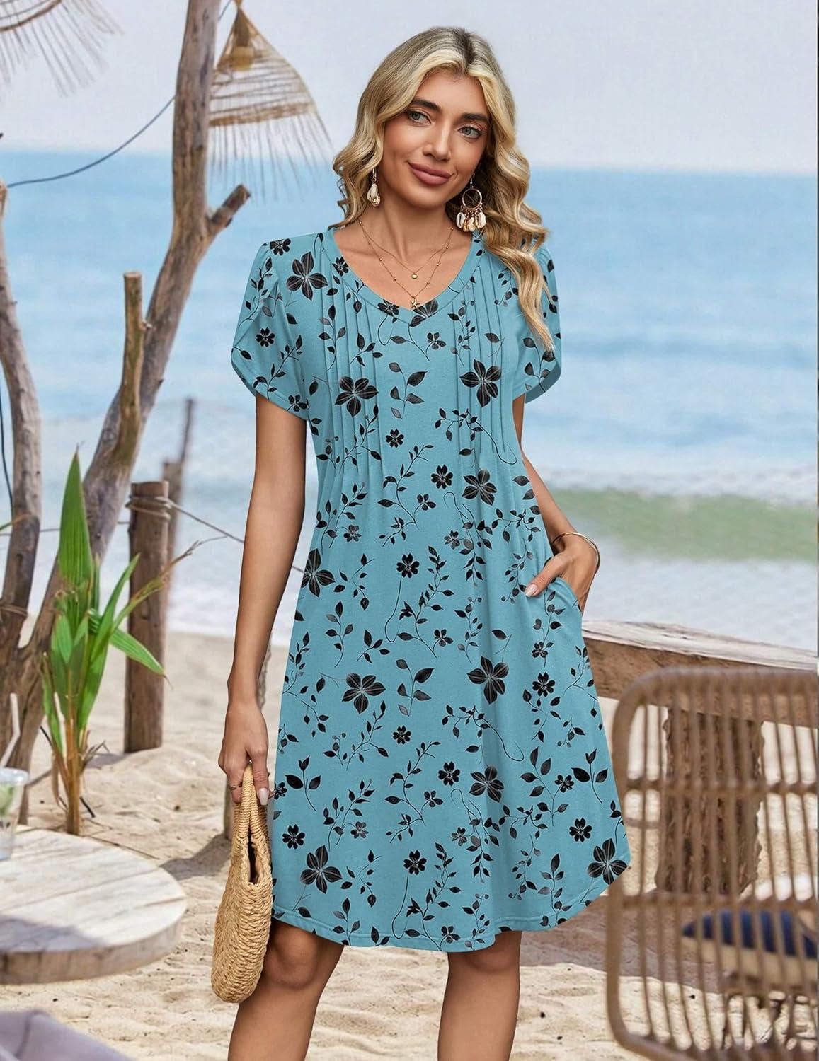 imageZeagoo Summer Dresses for Women Casual A Line Dress 2026 V Neck Short Dresses Floral Sundress Pleated Boho DressBlue Green Floral