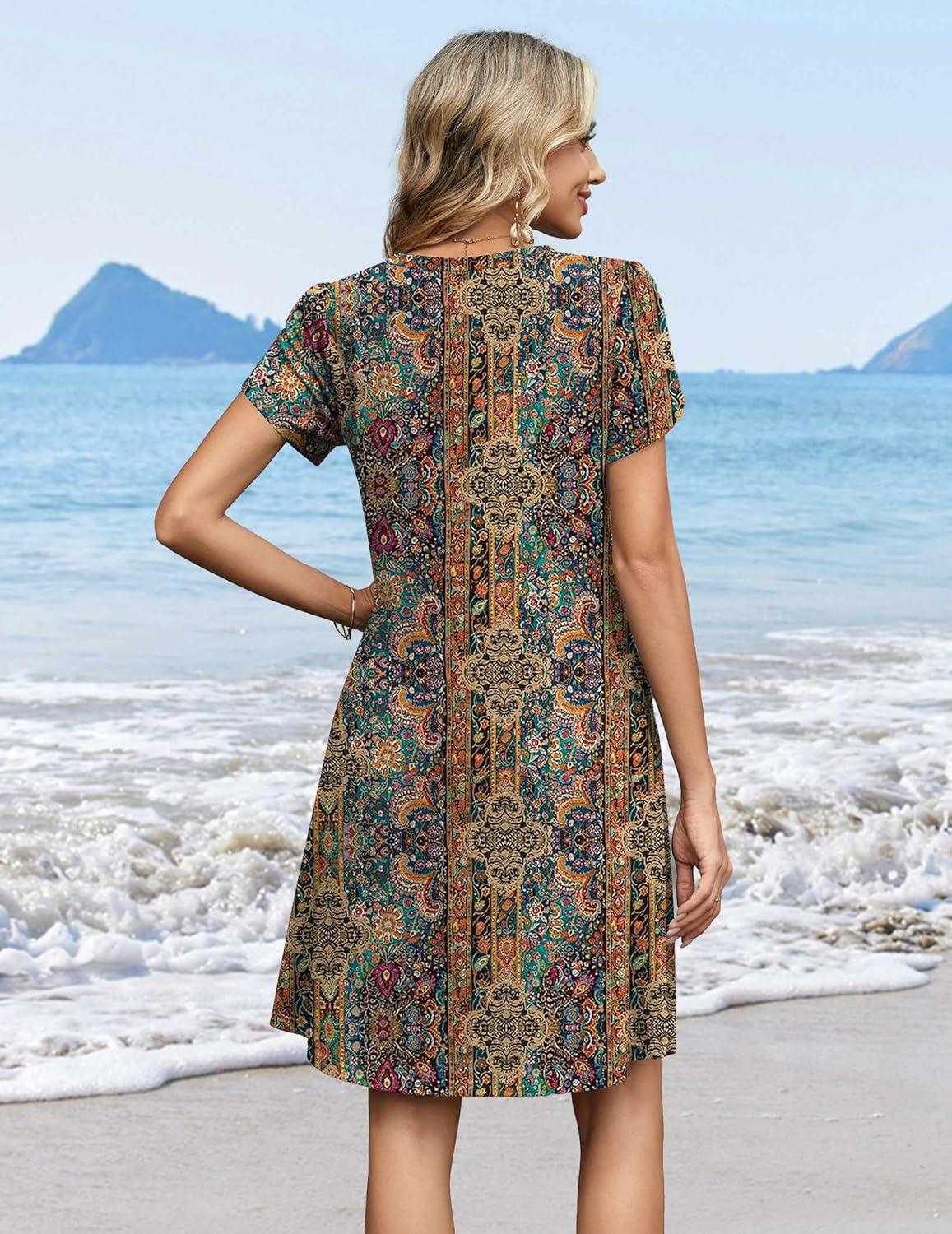 imageZeagoo Summer Dresses for Women Casual A Line Dress 2026 V Neck Short Dresses Floral Sundress Pleated Boho DressBoho Brown Print