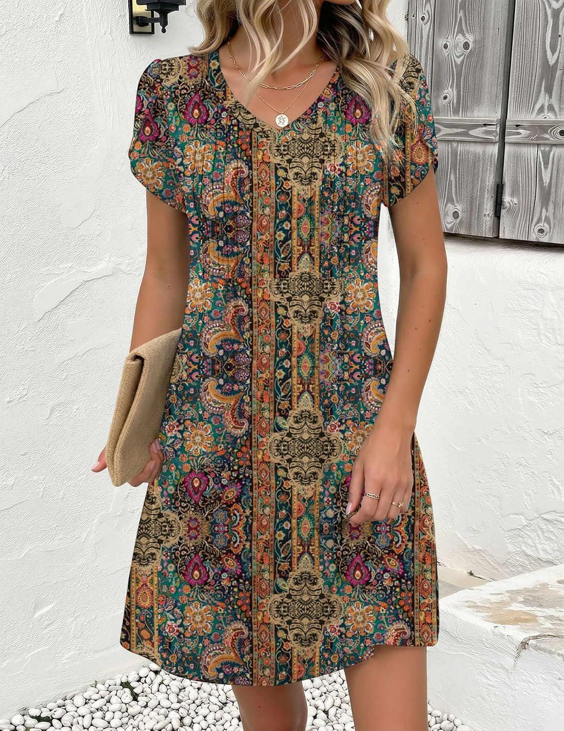 imageZeagoo Summer Dresses for Women Casual A Line Dress 2026 V Neck Short Dresses Floral Sundress Pleated Boho DressBoho Brown Print