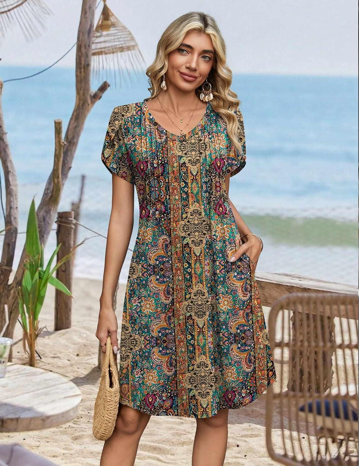 imageZeagoo Summer Dresses for Women Casual A Line Dress 2026 V Neck Short Dresses Floral Sundress Pleated Boho DressBoho Brown Print