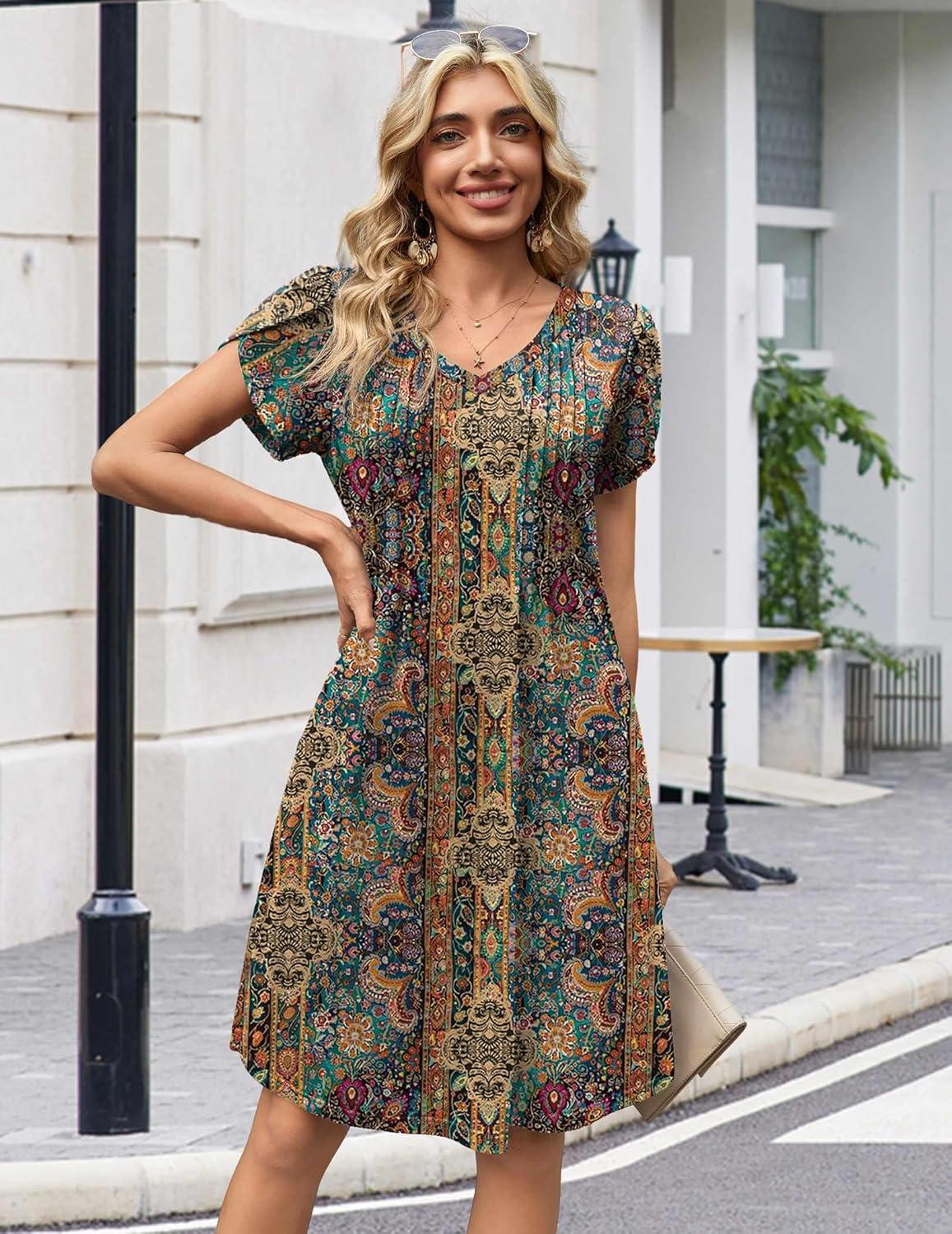 imageZeagoo Summer Dresses for Women Casual A Line Dress 2026 V Neck Short Dresses Floral Sundress Pleated Boho DressBoho Brown Print
