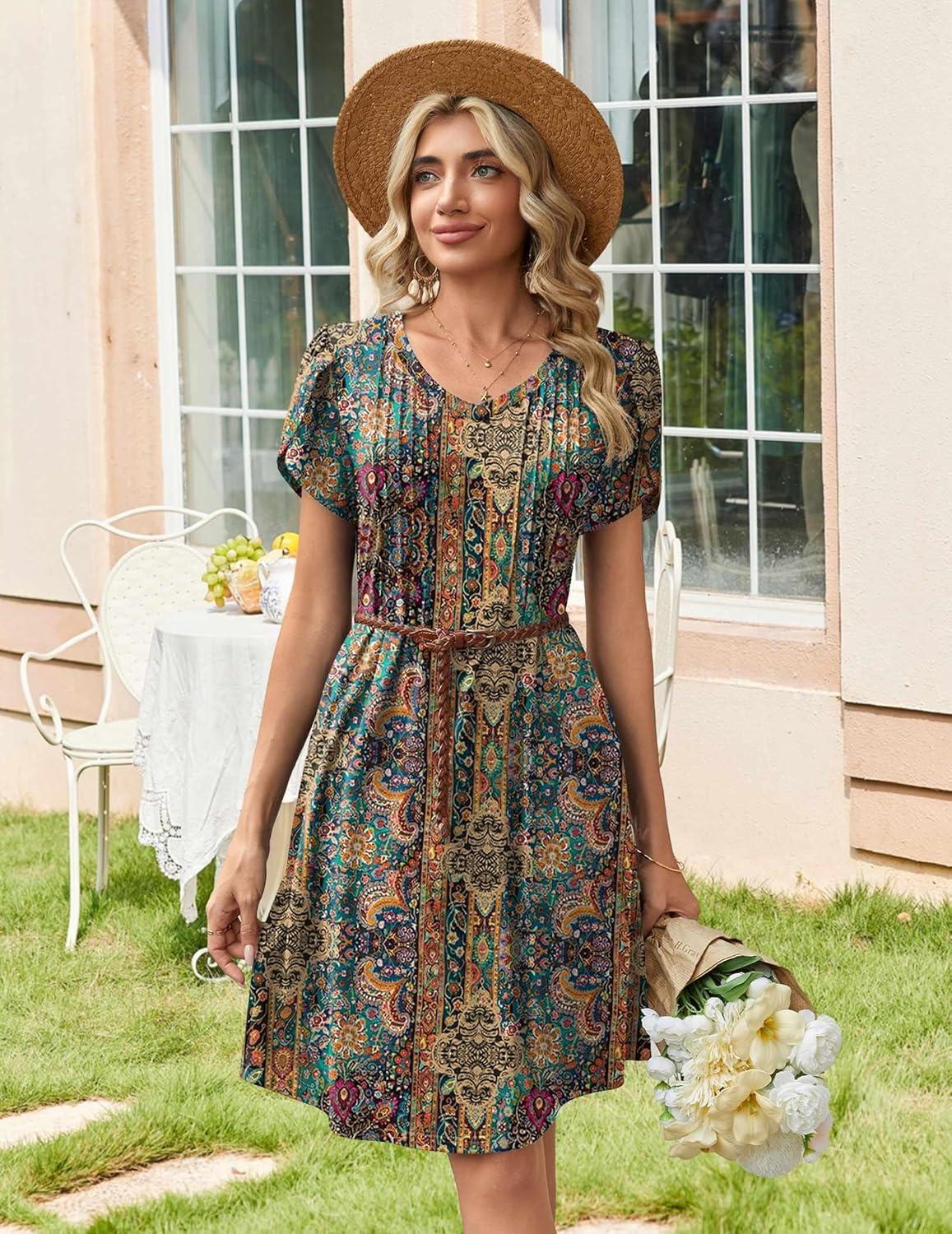 imageZeagoo Summer Dresses for Women Casual A Line Dress 2026 V Neck Short Dresses Floral Sundress Pleated Boho DressBoho Brown Print