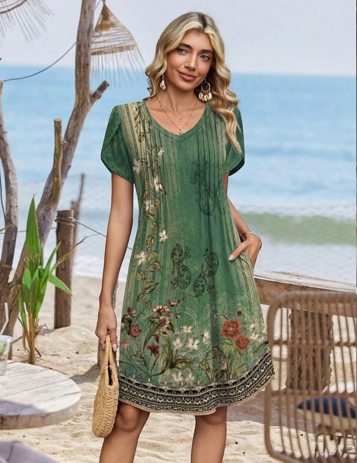 imageZeagoo Summer Dresses for Women Casual A Line Dress 2026 V Neck Short Dresses Floral Sundress Pleated Boho DressGreen Floral 01