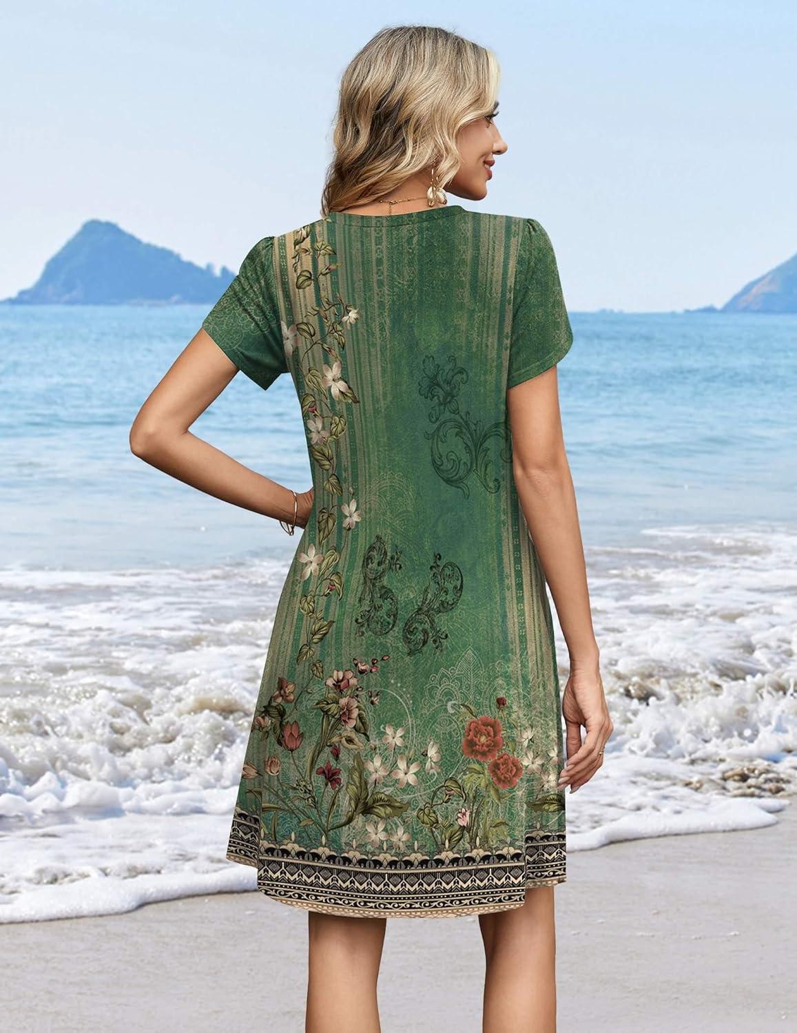 imageZeagoo Summer Dresses for Women Casual A Line Dress 2026 V Neck Short Dresses Floral Sundress Pleated Boho DressGreen Floral 01