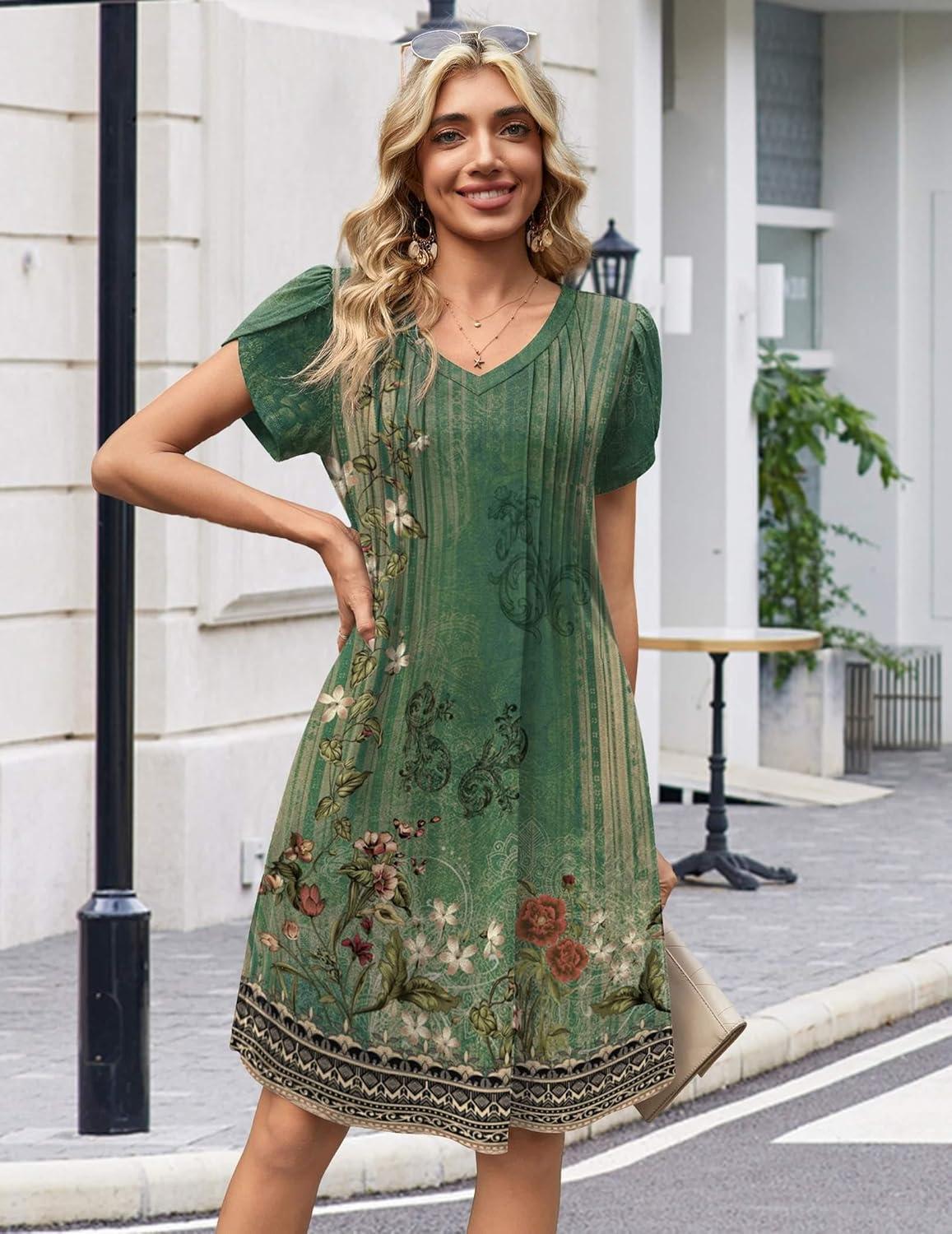 imageZeagoo Summer Dresses for Women Casual A Line Dress 2026 V Neck Short Dresses Floral Sundress Pleated Boho DressGreen Floral 01