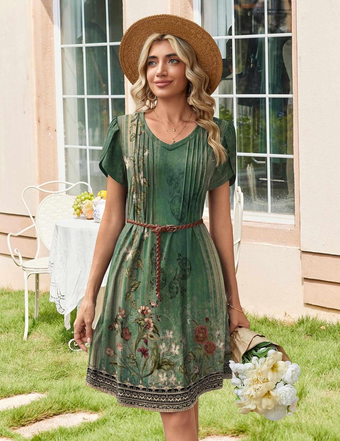 imageZeagoo Summer Dresses for Women Casual A Line Dress 2026 V Neck Short Dresses Floral Sundress Pleated Boho DressGreen Floral 01