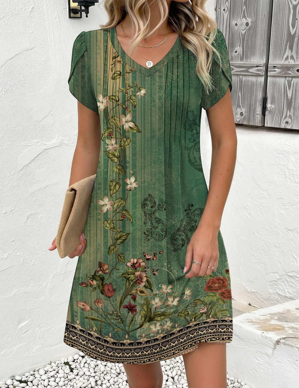 imageZeagoo Summer Dresses for Women Casual A Line Dress 2026 V Neck Short Dresses Floral Sundress Pleated Boho DressGreen Floral 01