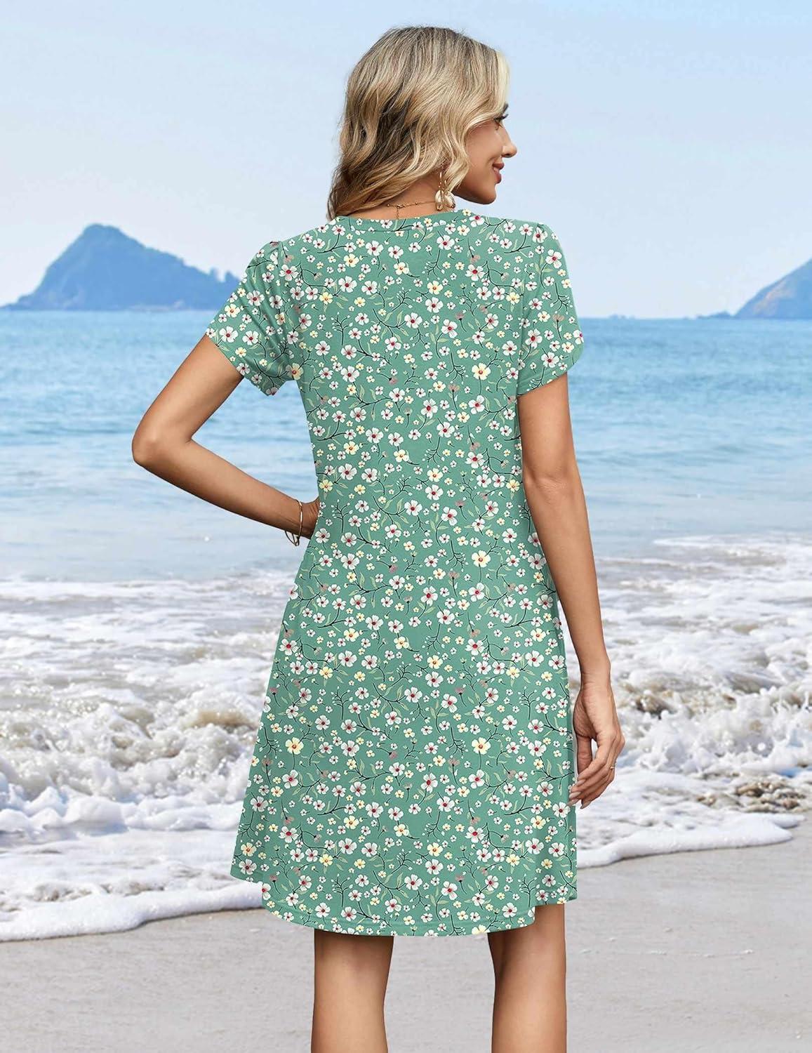 imageZeagoo Summer Dresses for Women Casual A Line Dress 2026 V Neck Short Dresses Floral Sundress Pleated Boho DressGreen Floral 02
