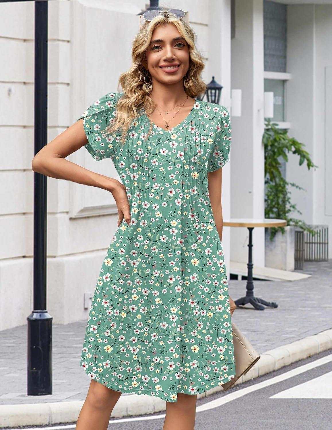 imageZeagoo Summer Dresses for Women Casual A Line Dress 2026 V Neck Short Dresses Floral Sundress Pleated Boho DressGreen Floral 02