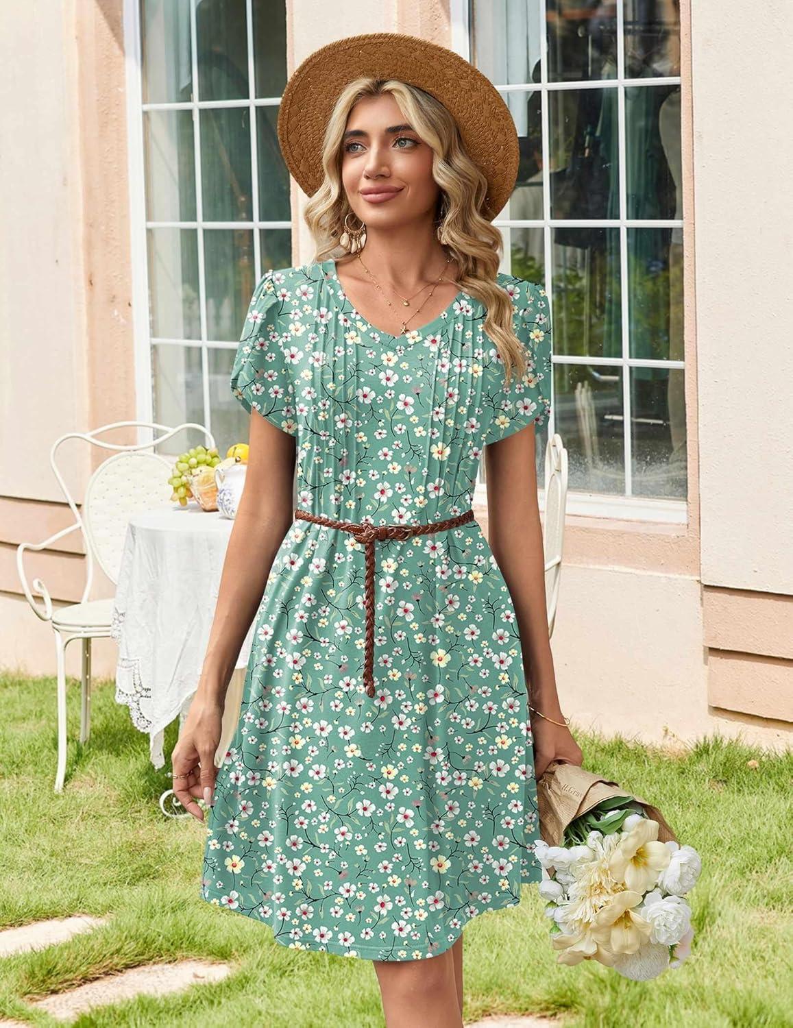 imageZeagoo Summer Dresses for Women Casual A Line Dress 2026 V Neck Short Dresses Floral Sundress Pleated Boho DressGreen Floral 02