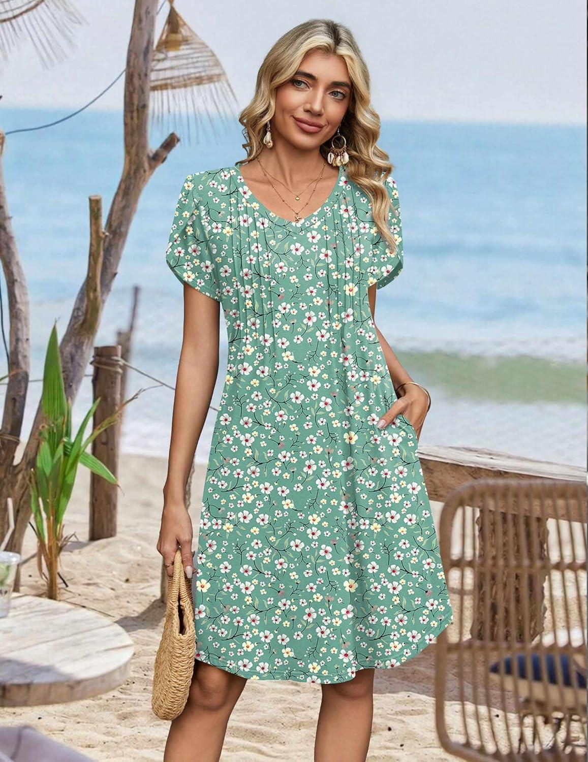 imageZeagoo Summer Dresses for Women Casual A Line Dress 2026 V Neck Short Dresses Floral Sundress Pleated Boho DressGreen Floral 02