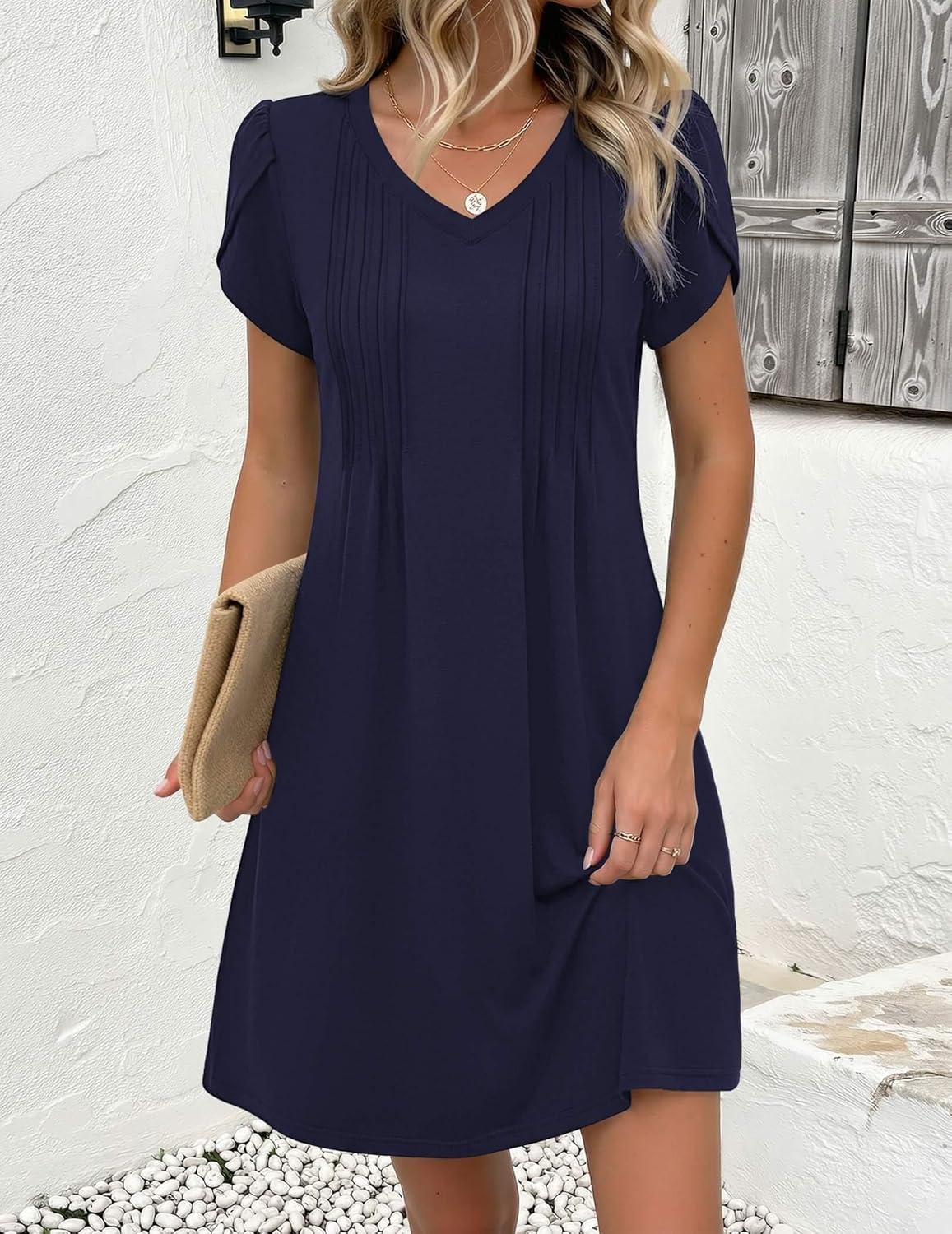 imageZeagoo Summer Dresses for Women Casual A Line Dress 2026 V Neck Short Dresses Floral Sundress Pleated Boho DressNavy Blue