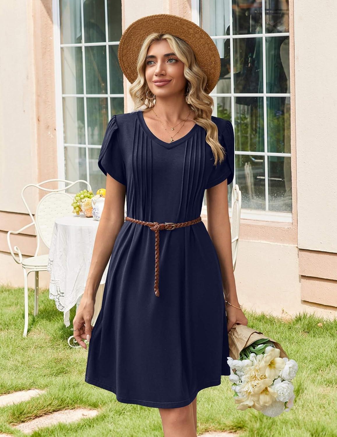 imageZeagoo Summer Dresses for Women Casual A Line Dress 2026 V Neck Short Dresses Floral Sundress Pleated Boho DressNavy Blue