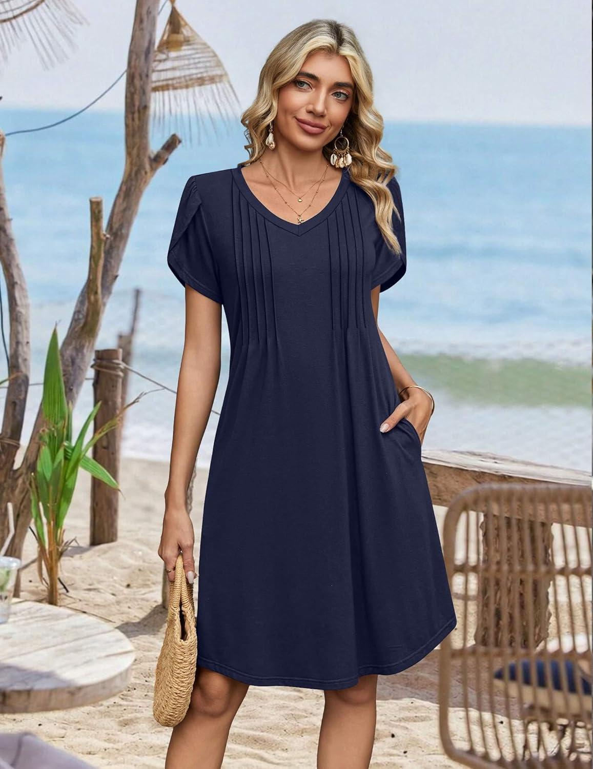 imageZeagoo Summer Dresses for Women Casual A Line Dress 2026 V Neck Short Dresses Floral Sundress Pleated Boho DressNavy Blue