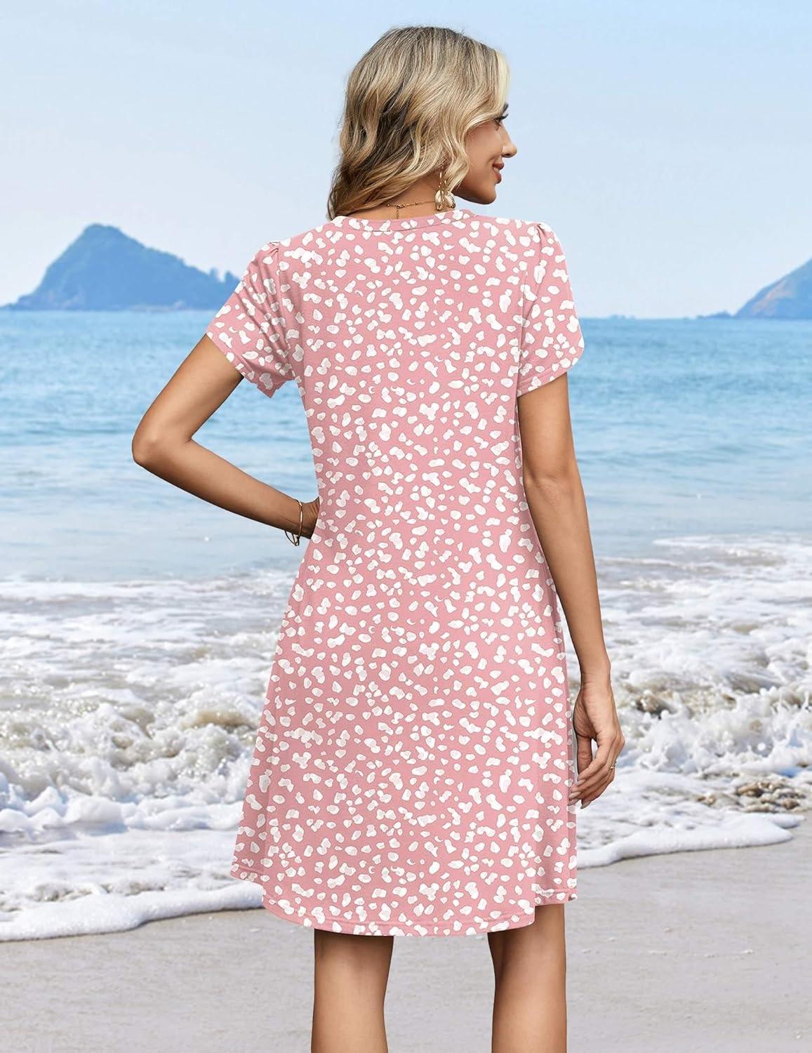 imageZeagoo Summer Dresses for Women Casual A Line Dress 2026 V Neck Short Dresses Floral Sundress Pleated Boho DressPink Dot