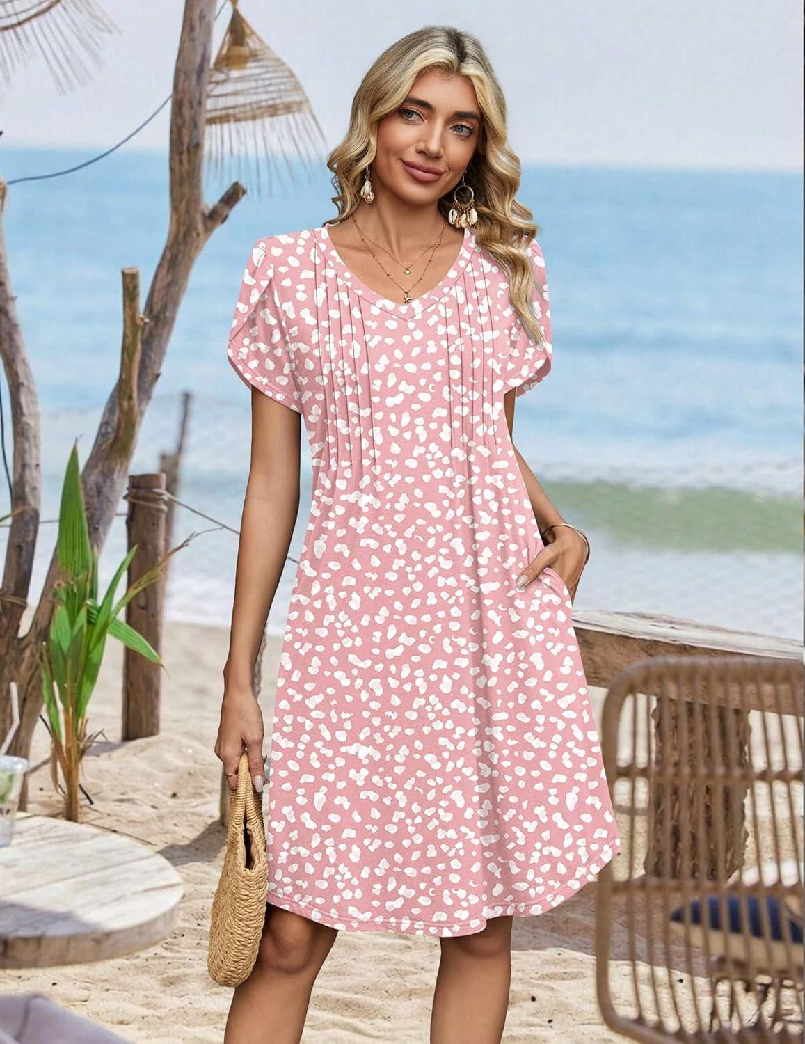 imageZeagoo Summer Dresses for Women Casual A Line Dress 2026 V Neck Short Dresses Floral Sundress Pleated Boho DressPink Dot