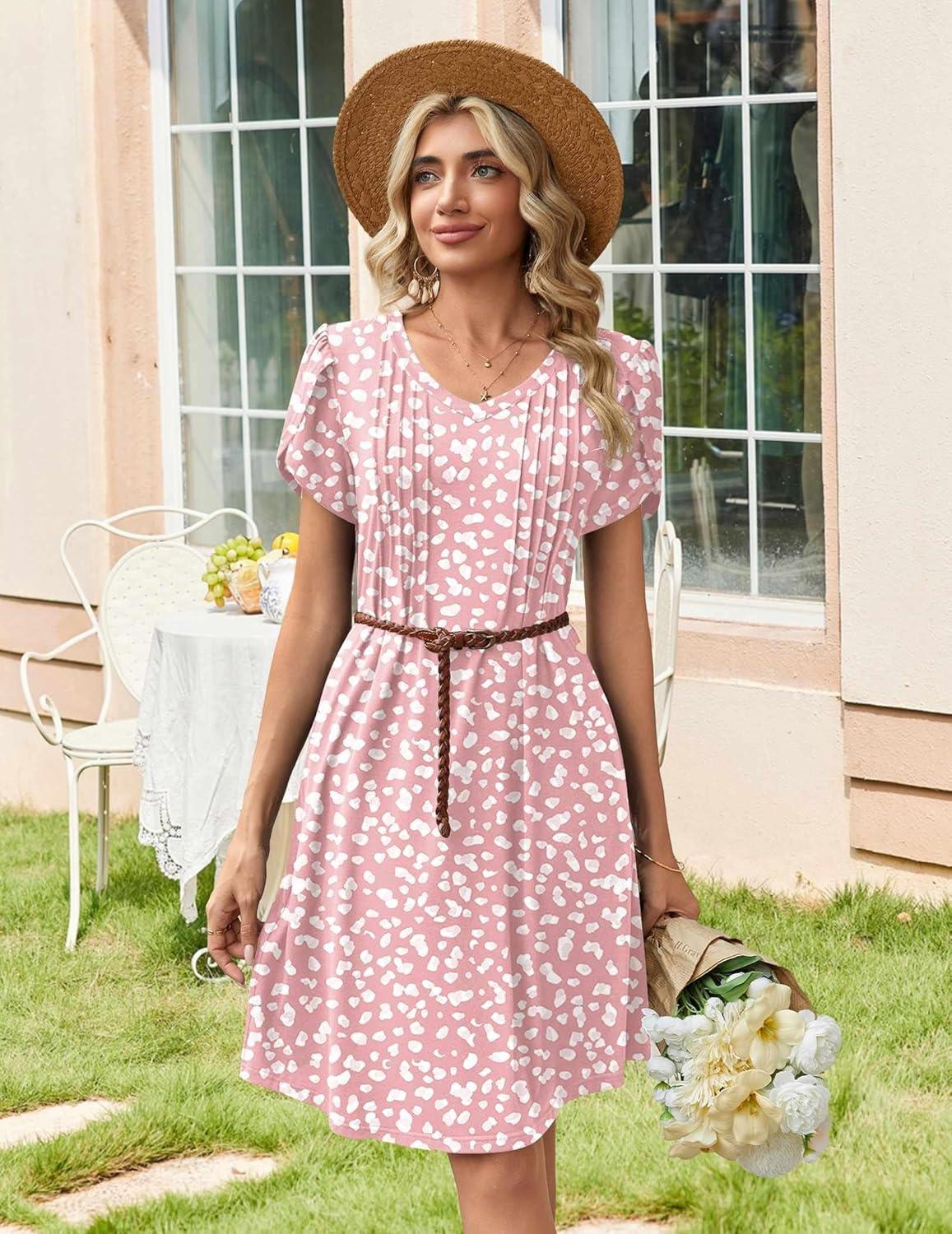 imageZeagoo Summer Dresses for Women Casual A Line Dress 2026 V Neck Short Dresses Floral Sundress Pleated Boho DressPink Dot
