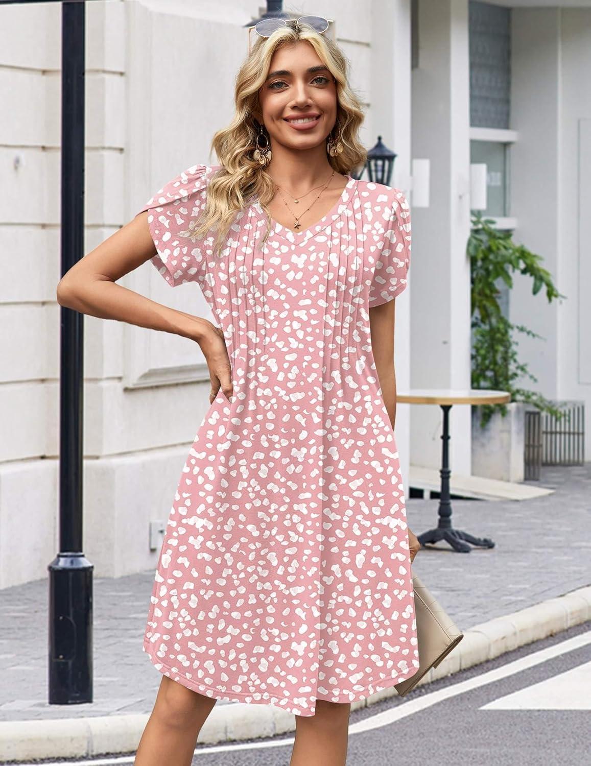 imageZeagoo Summer Dresses for Women Casual A Line Dress 2026 V Neck Short Dresses Floral Sundress Pleated Boho DressPink Dot