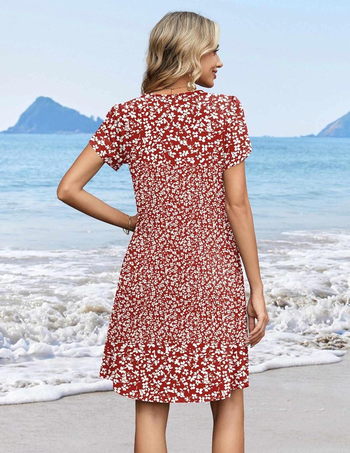 imageZeagoo Summer Dresses for Women Casual A Line Dress 2026 V Neck Short Dresses Floral Sundress Pleated Boho DressRed Floral