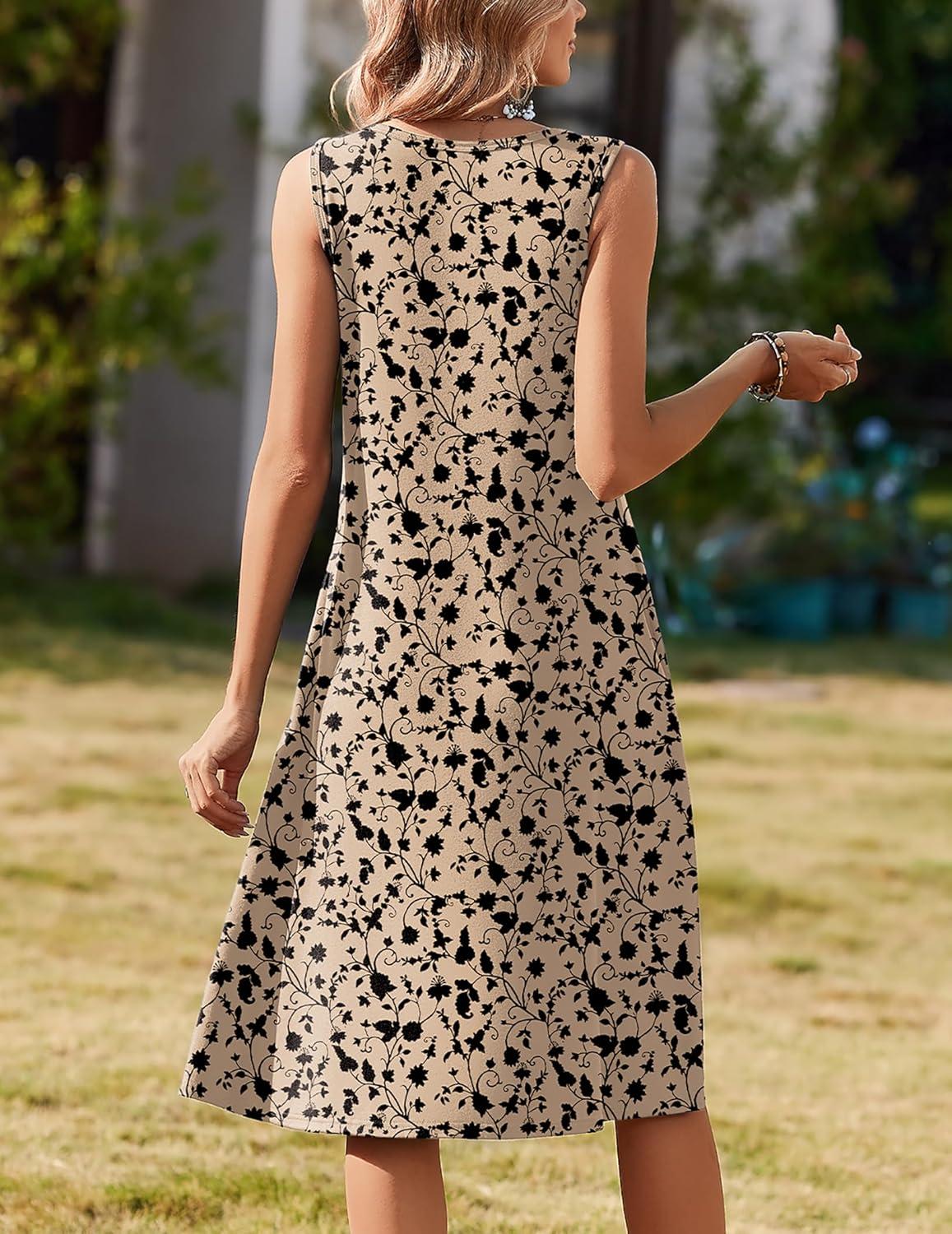 imageZeagoo Summer Dresses for Women Flowy Aline Casual Midi Tank Dress Beach Boho Vacation Sundresses Shift Dress with PocketsBeige