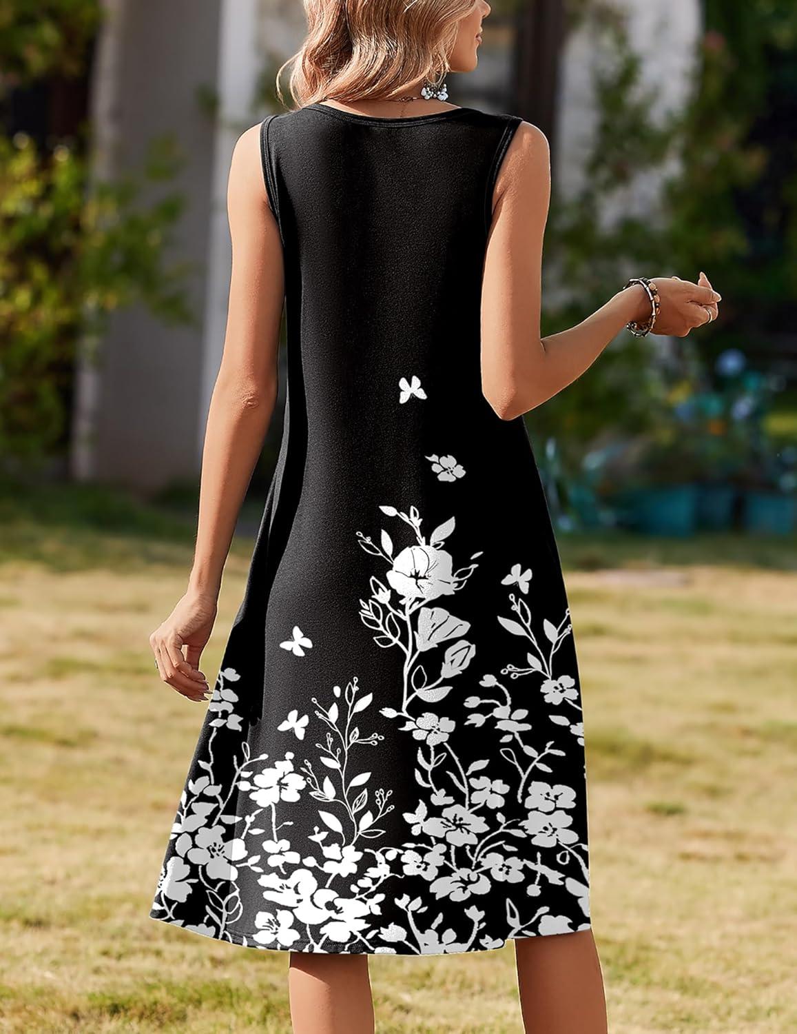 imageZeagoo Summer Dresses for Women Flowy Aline Casual Midi Tank Dress Beach Boho Vacation Sundresses Shift Dress with PocketsBlack Floral