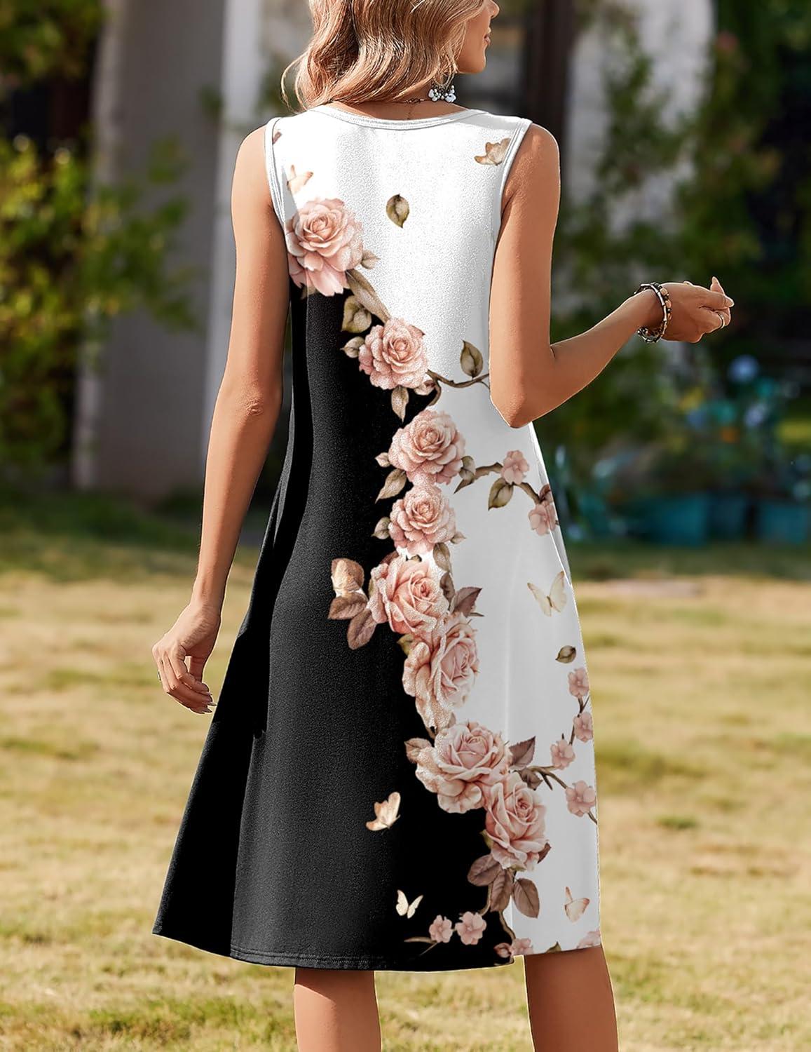 imageZeagoo Summer Dresses for Women Flowy Aline Casual Midi Tank Dress Beach Boho Vacation Sundresses Shift Dress with PocketsBlack White Floral
