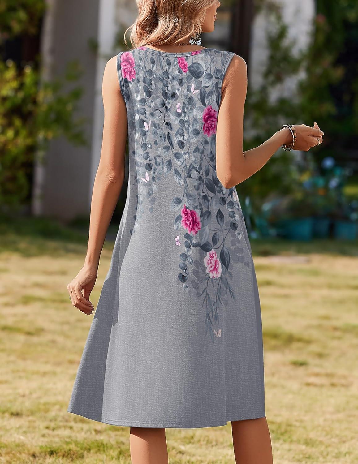 imageZeagoo Summer Dresses for Women Flowy Aline Casual Midi Tank Dress Beach Boho Vacation Sundresses Shift Dress with PocketsGrey Floral