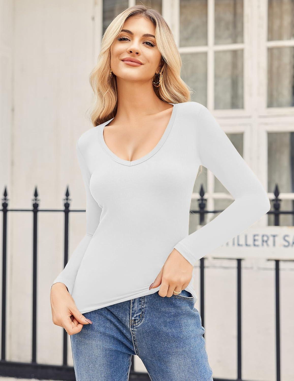 imageZeagoo Women 2 Pack Long Sleeve Shirts V Neck T Shirts Casual Thermal Tops Slim Fit Basic Tight Tees Going Out Top01whiteblack