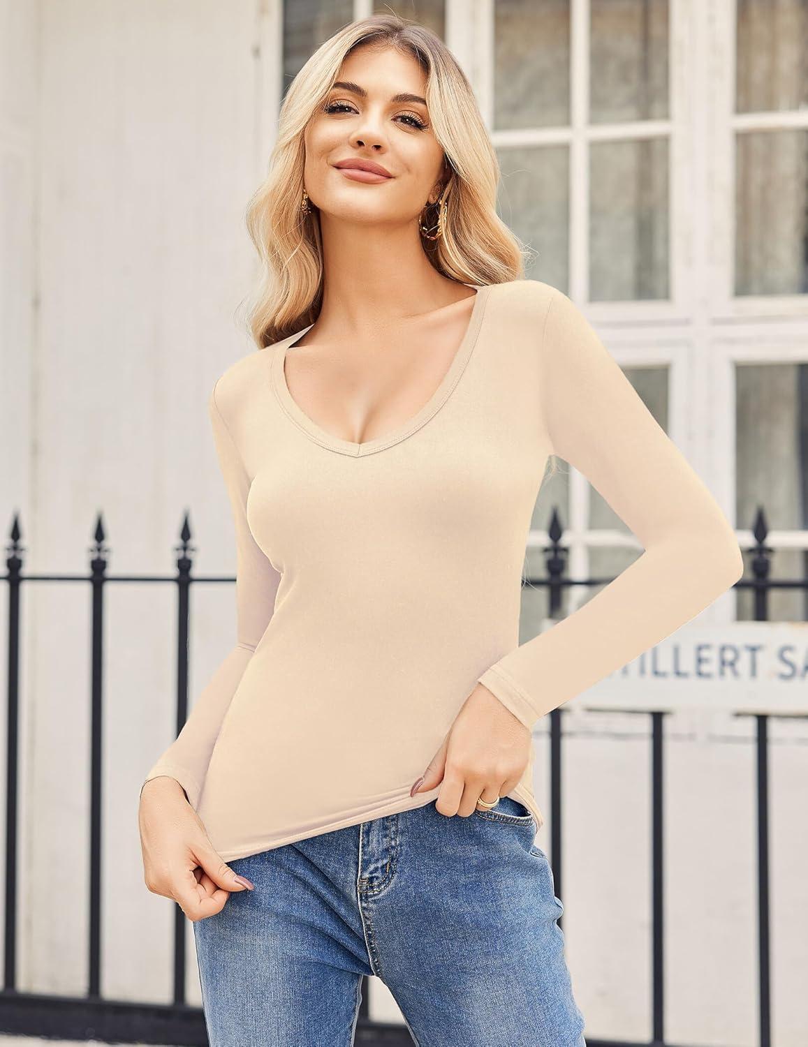 imageZeagoo Women 2 Pack Long Sleeve Shirts V Neck T Shirts Casual Thermal Tops Slim Fit Basic Tight Tees Going Out TopBlackbeige