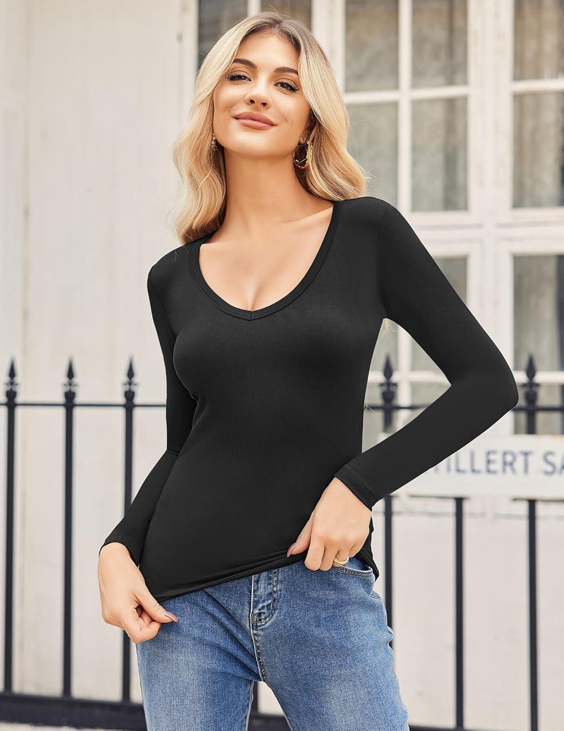 imageZeagoo Women 2 Pack Long Sleeve Shirts V Neck T Shirts Casual Thermal Tops Slim Fit Basic Tight Tees Going Out TopBlackblack