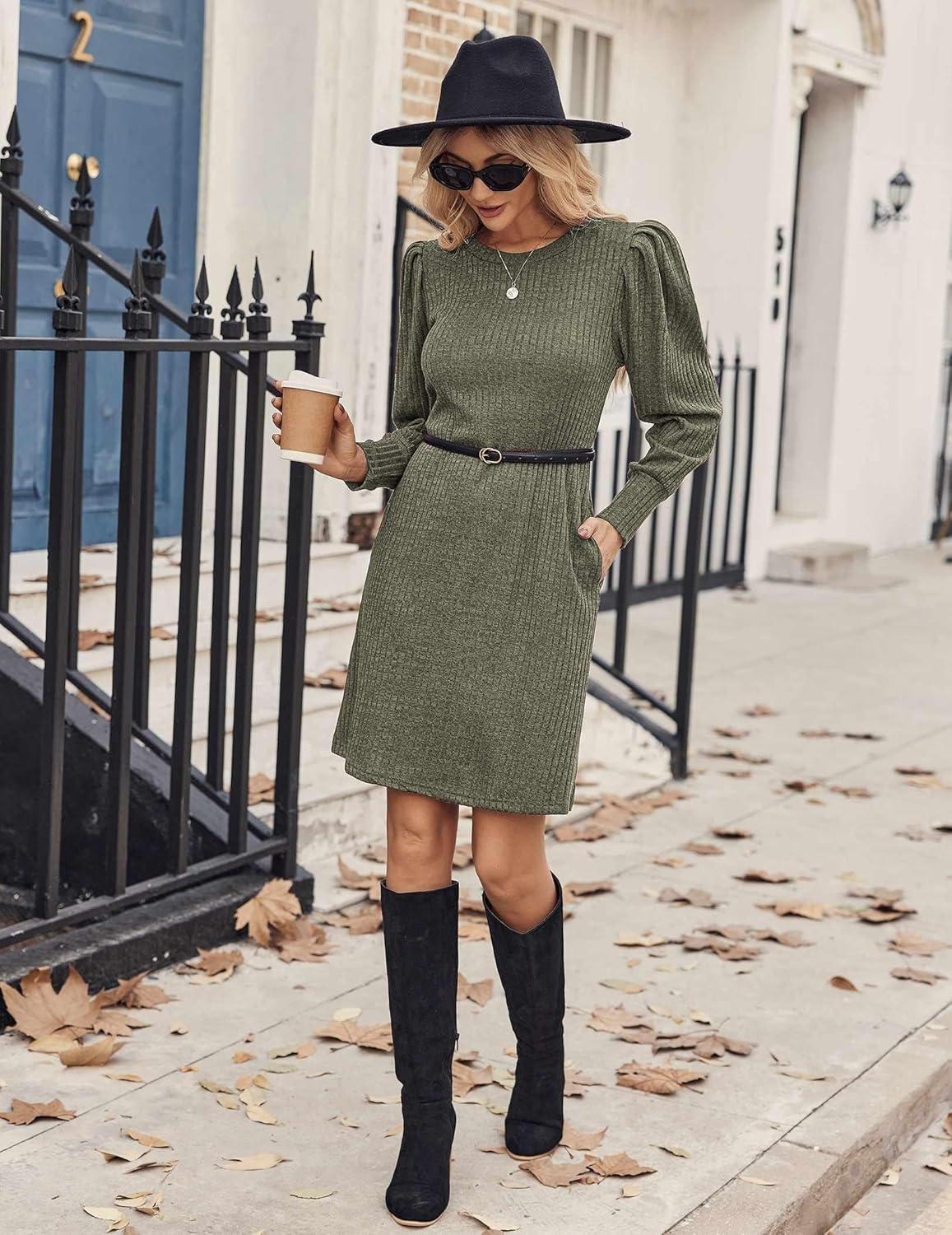 imageZeagoo Women Fall Winter Dress Knitted Pullover DressesArmy Green