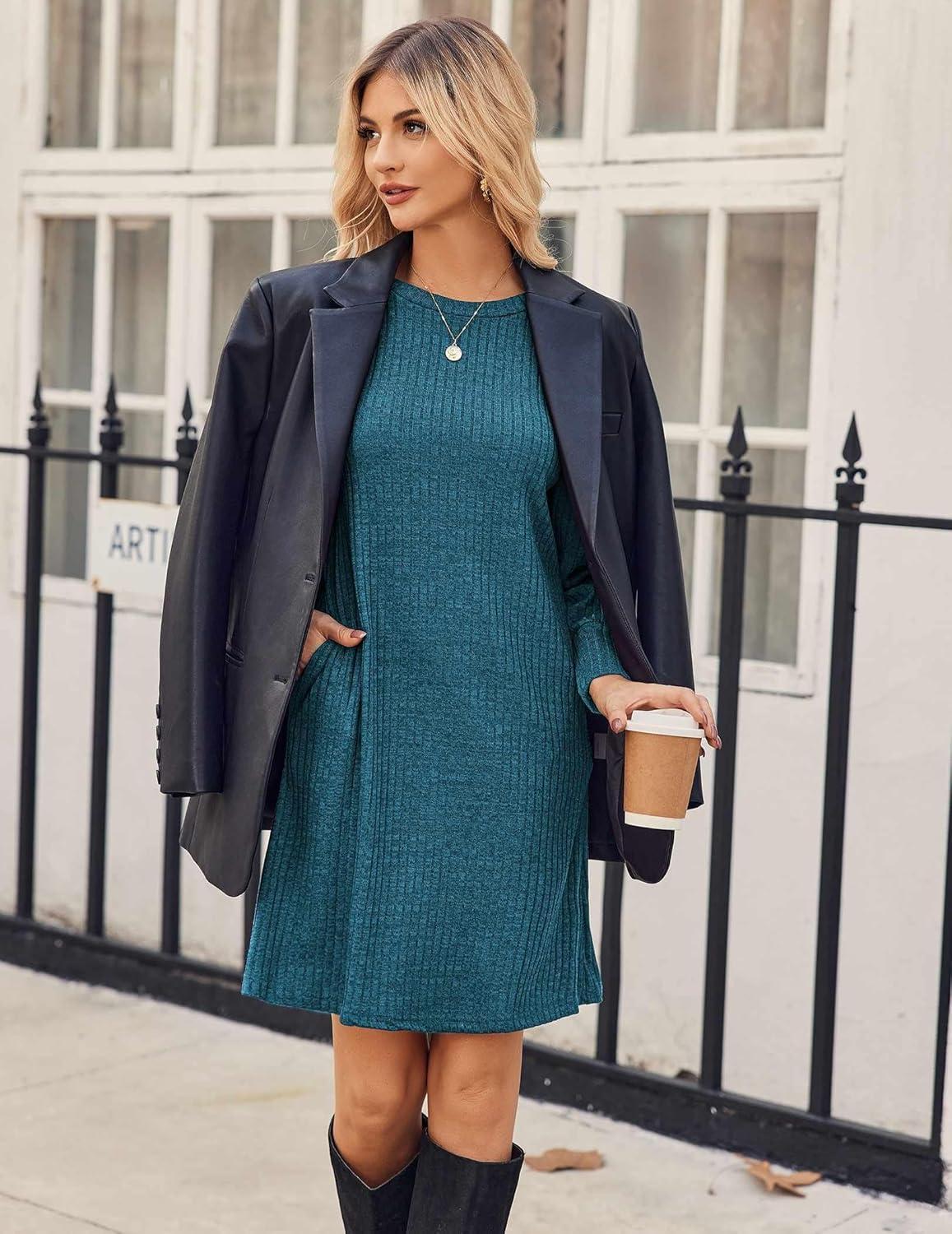 imageZeagoo Women Fall Winter Dress Knitted Pullover DressesBlue Green