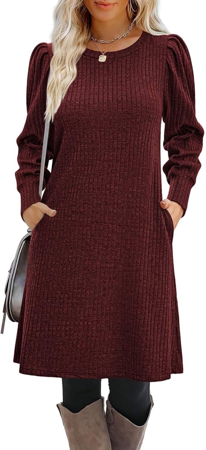 imageZeagoo Women Fall Winter Dress Knitted Pullover DressesBurgundy