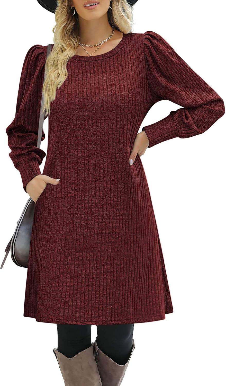 imageZeagoo Women Fall Winter Dress Knitted Pullover DressesBurgundy