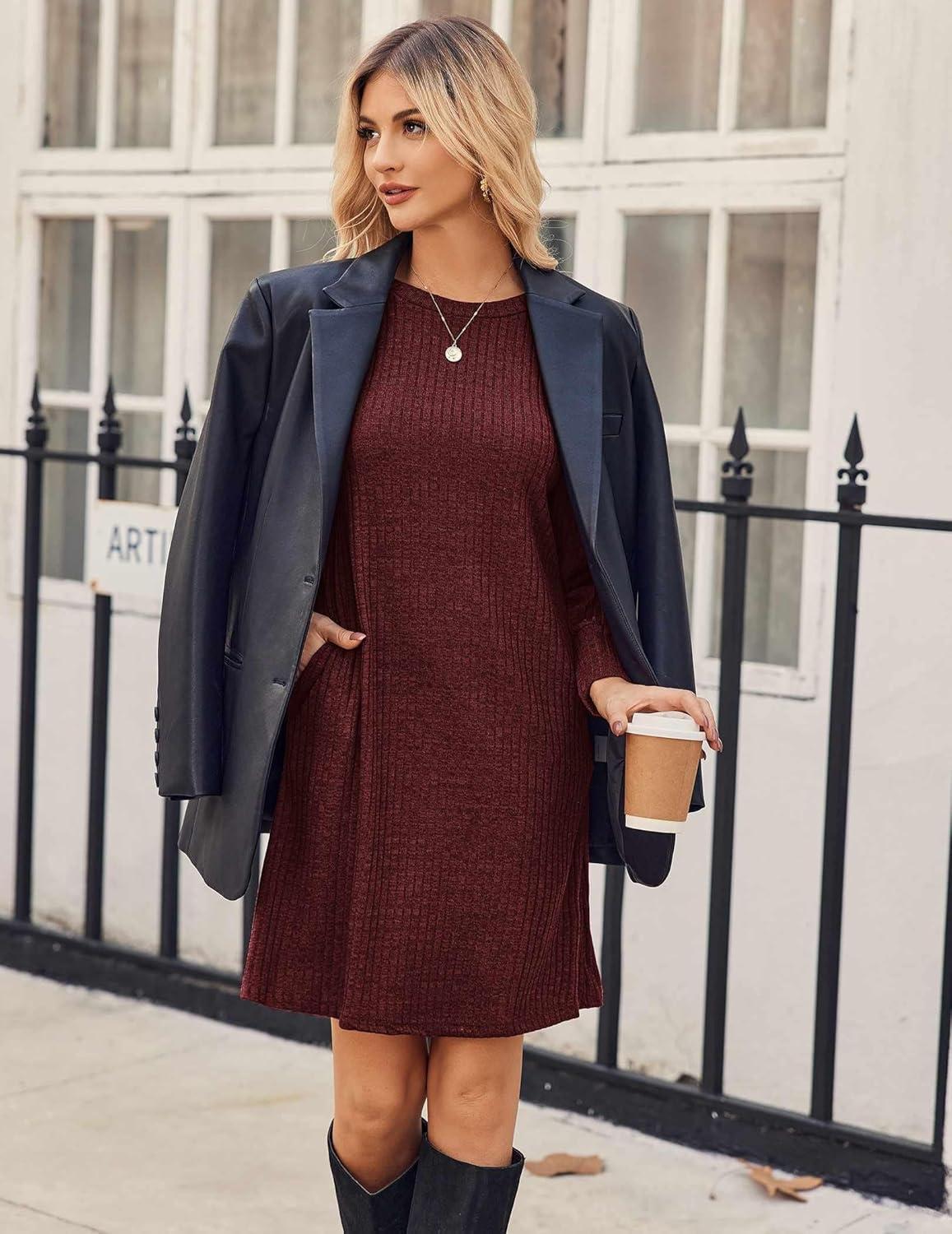 imageZeagoo Women Fall Winter Dress Knitted Pullover DressesBurgundy