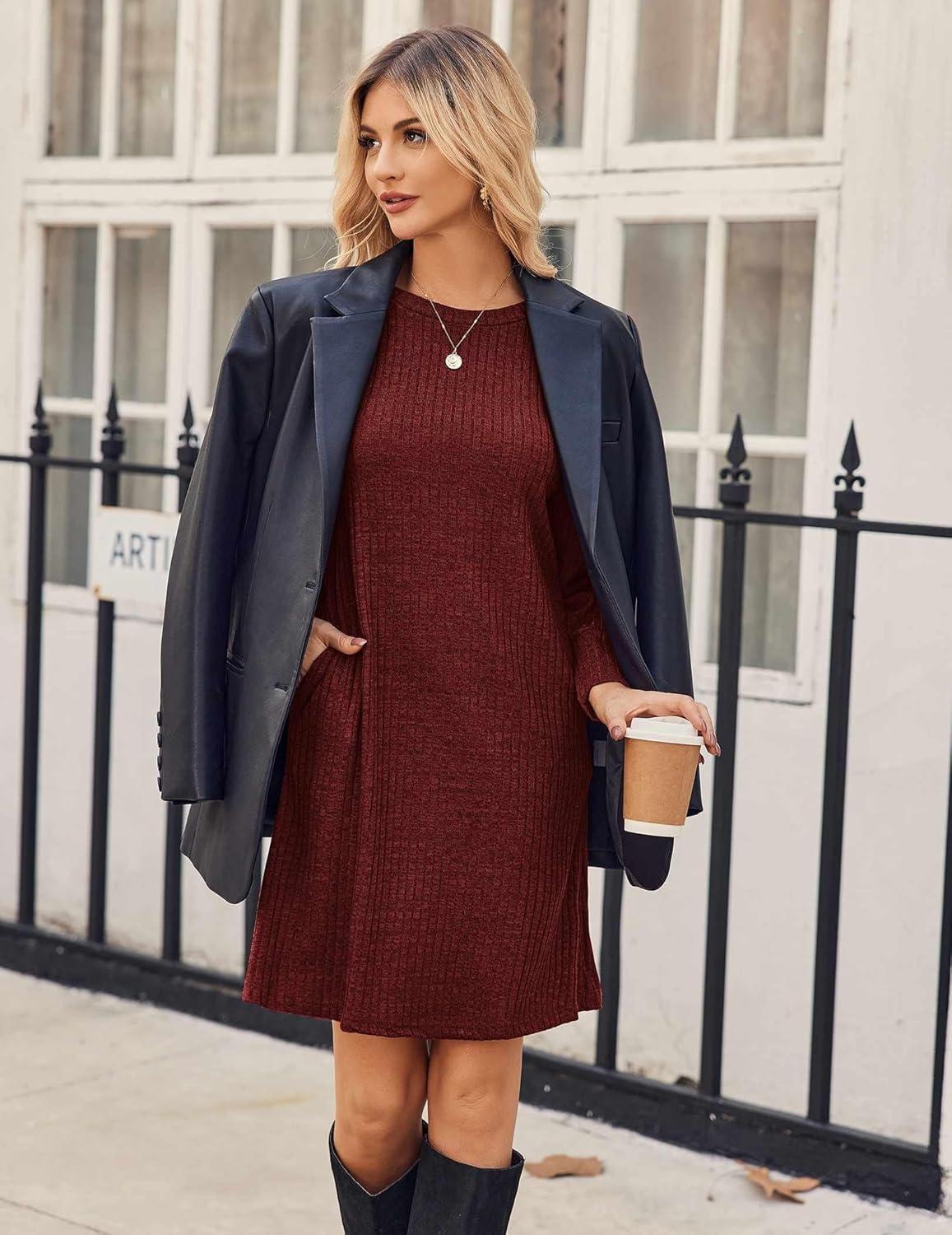 imageZeagoo Women Fall Winter Dress Knitted Pullover DressesDeep Red