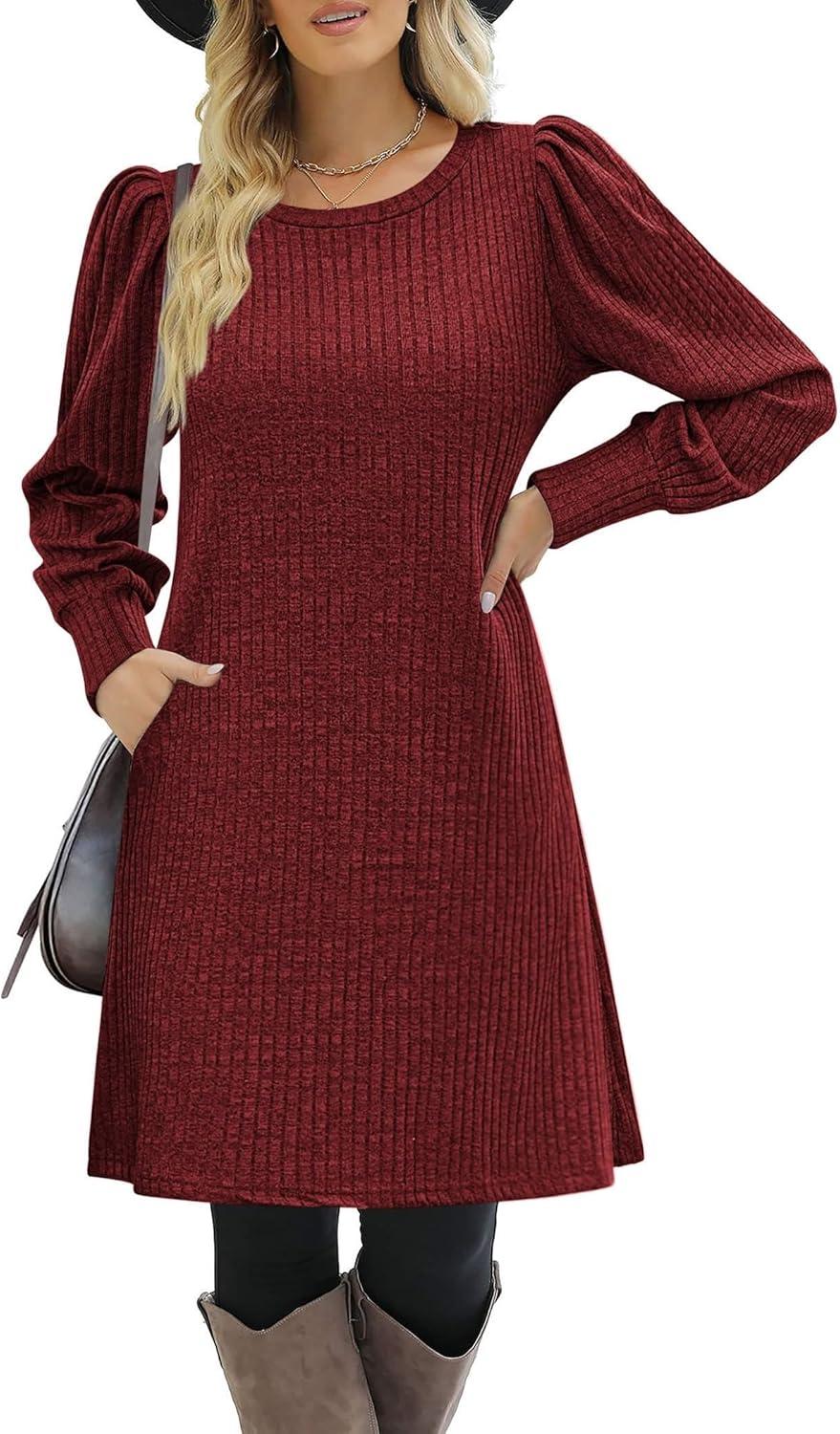 imageZeagoo Women Fall Winter Dress Knitted Pullover DressesDeep Red