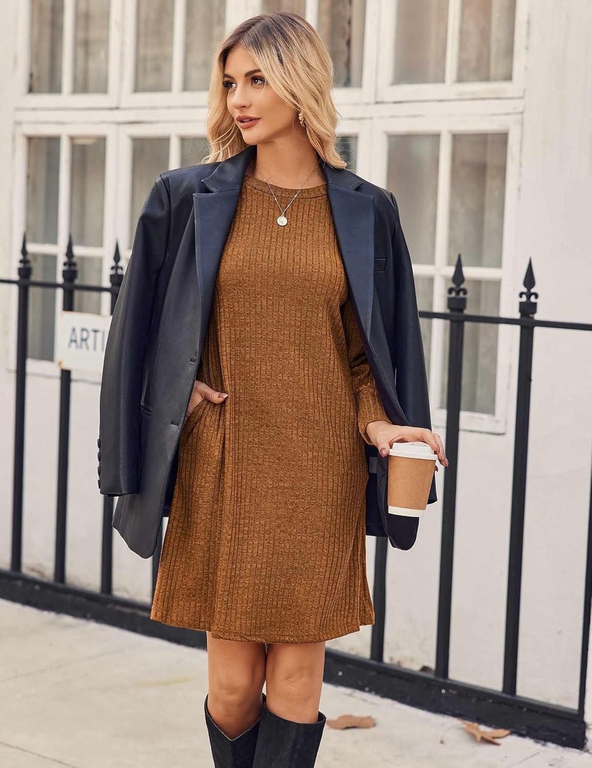 imageZeagoo Women Fall Winter Dress Knitted Pullover DressesLight Brown