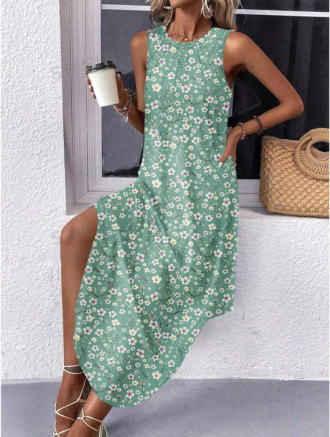 imageZeagoo Women Floral Summer Casual Beach Printed Tank Dress with Pockets Pleated Front Long Dress2602 Green Floral
