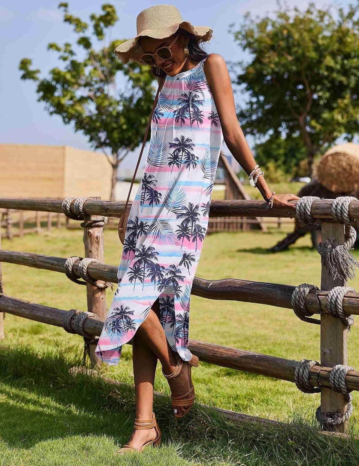 imageZeagoo Women Floral Summer Casual Beach Printed Tank Dress with Pockets Pleated Front Long DressTropical Tree