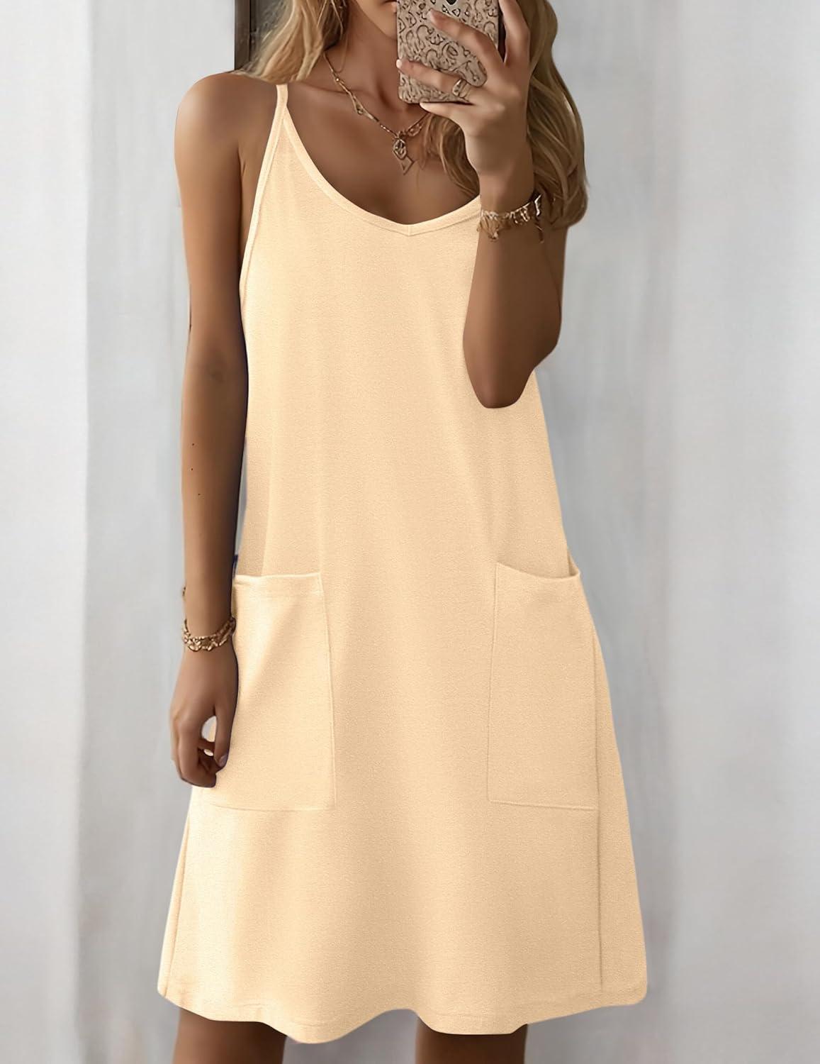 imageZeagoo Women Summer Dresses Casual Beach Vacation Dress Spaghetti Strap Sundress Sleeveless Mini Short Dress with PocketsBeige