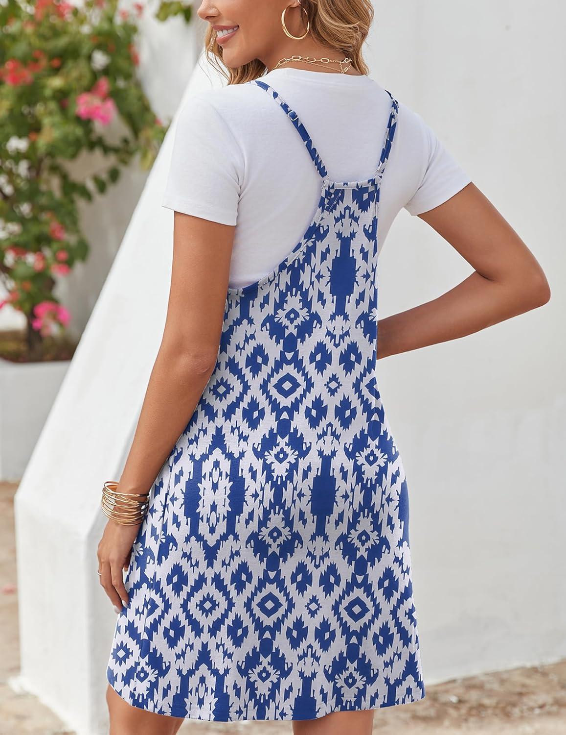 imageZeagoo Women Summer Dresses Casual Beach Vacation Dress Spaghetti Strap Sundress Sleeveless Mini Short Dress with PocketsBlue White Printed