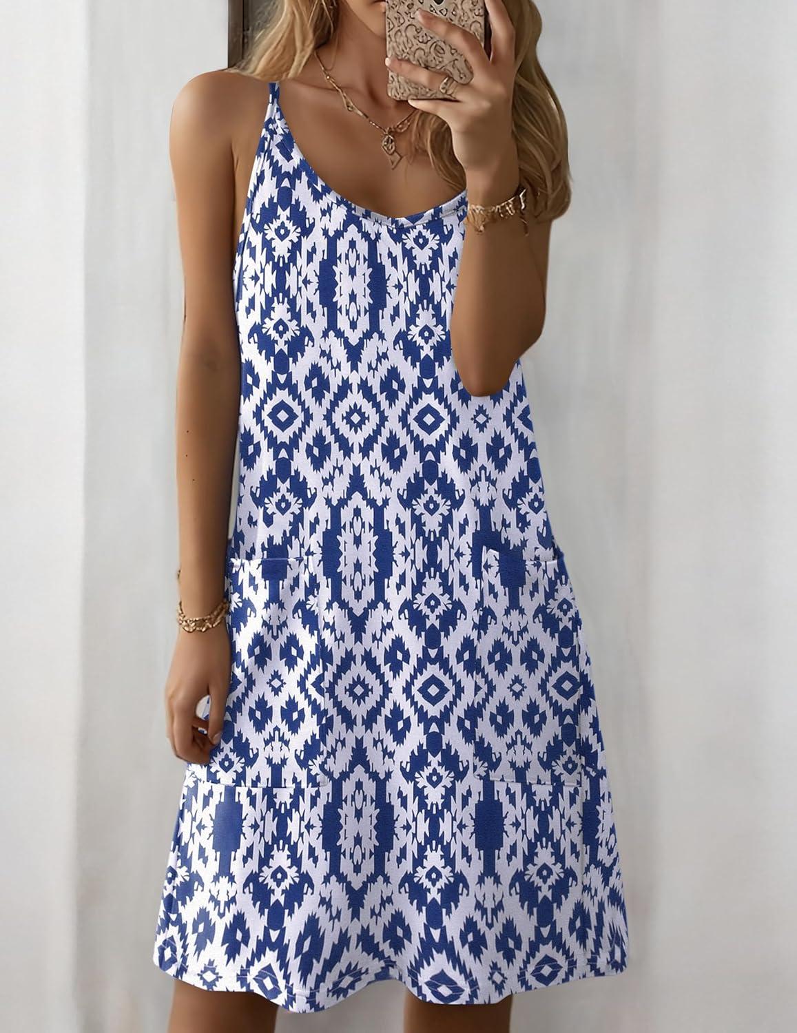 imageZeagoo Women Summer Dresses Casual Beach Vacation Dress Spaghetti Strap Sundress Sleeveless Mini Short Dress with PocketsBlue White Printed