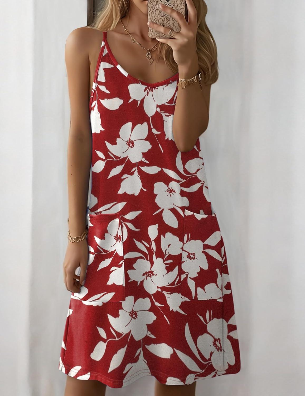 imageZeagoo Women Summer Dresses Casual Beach Vacation Dress Spaghetti Strap Sundress Sleeveless Mini Short Dress with PocketsBurgundy Floral