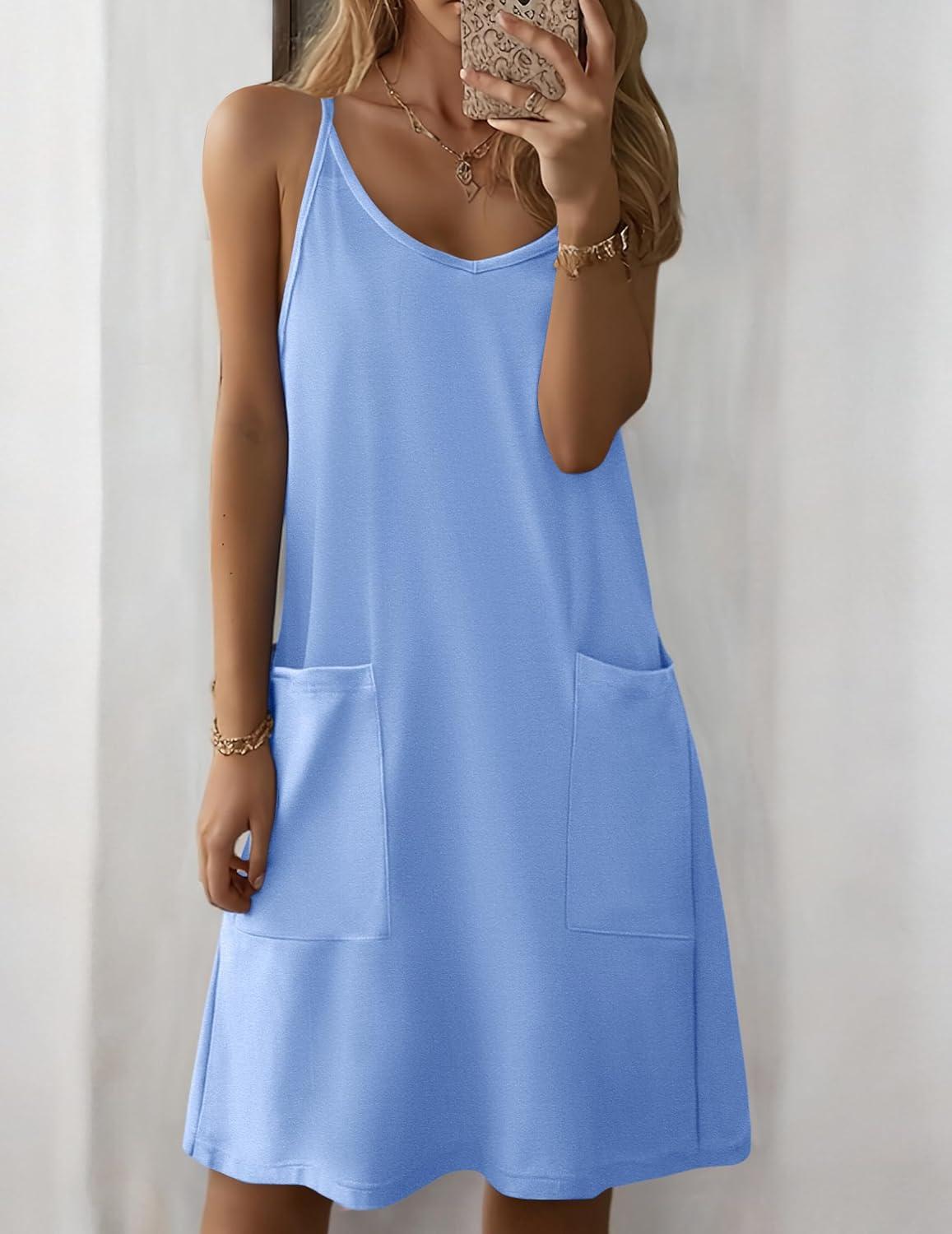 imageZeagoo Women Summer Dresses Casual Beach Vacation Dress Spaghetti Strap Sundress Sleeveless Mini Short Dress with PocketsLight Blue