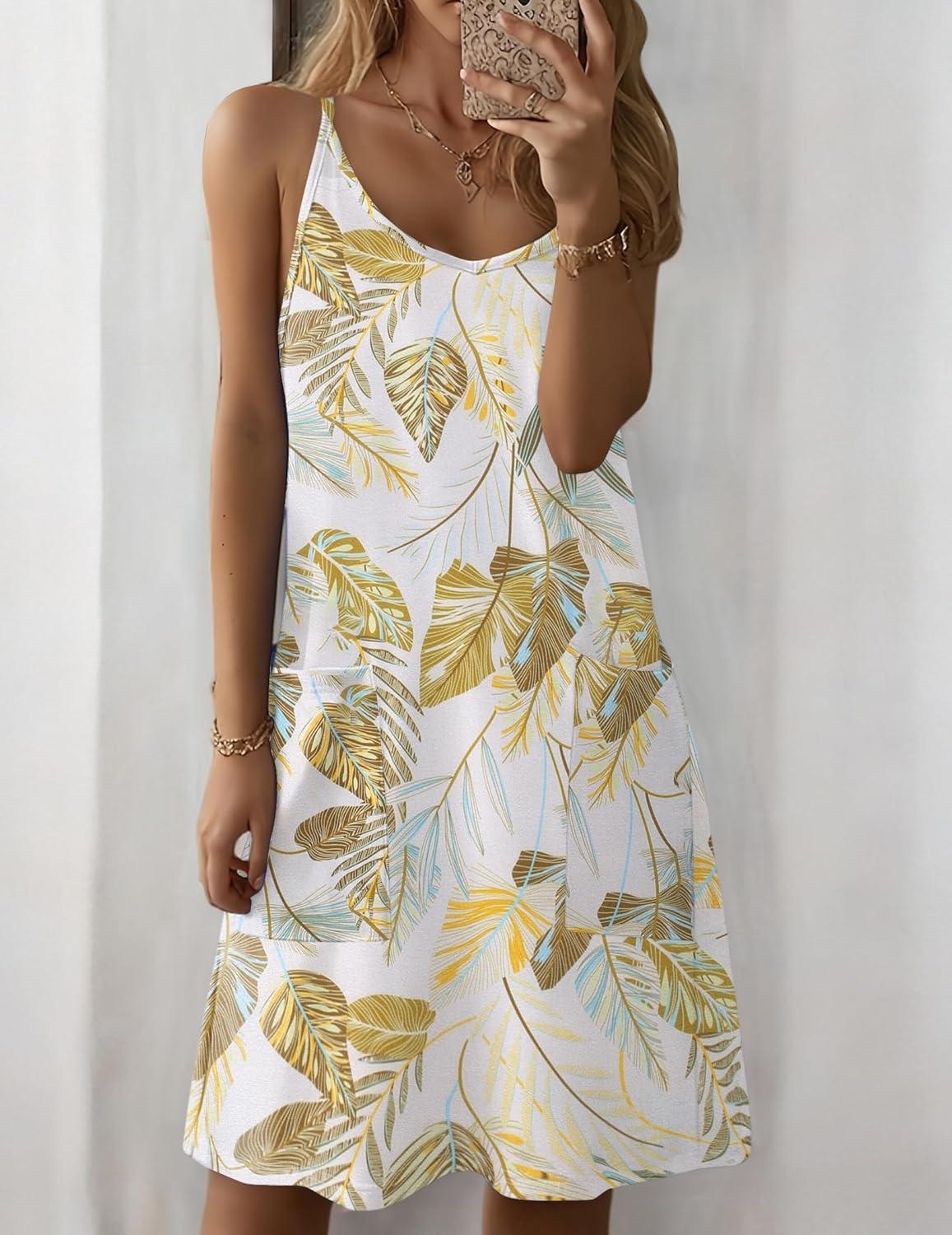 imageZeagoo Women Summer Dresses Casual Beach Vacation Dress Spaghetti Strap Sundress Sleeveless Mini Short Dress with PocketsWhiteleaf Printed